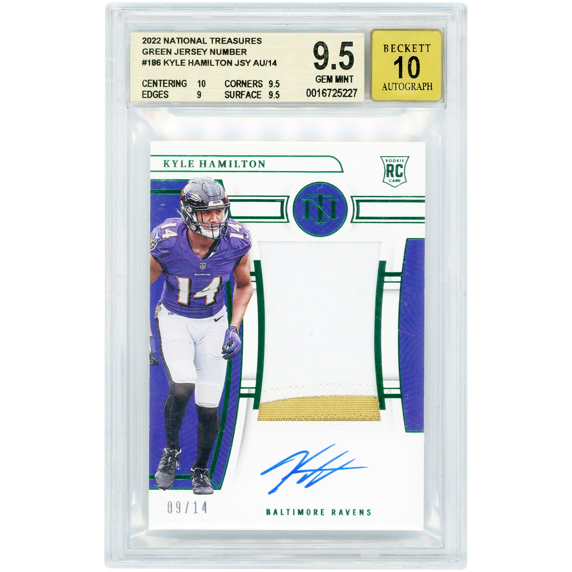 Kyle Hamilton Baltimore Ravens Autographed 2022 Panini National Treasures Dual-Color RPA Green #186 #9/14 BGS Authenticated 9.5/10 Rookie Card