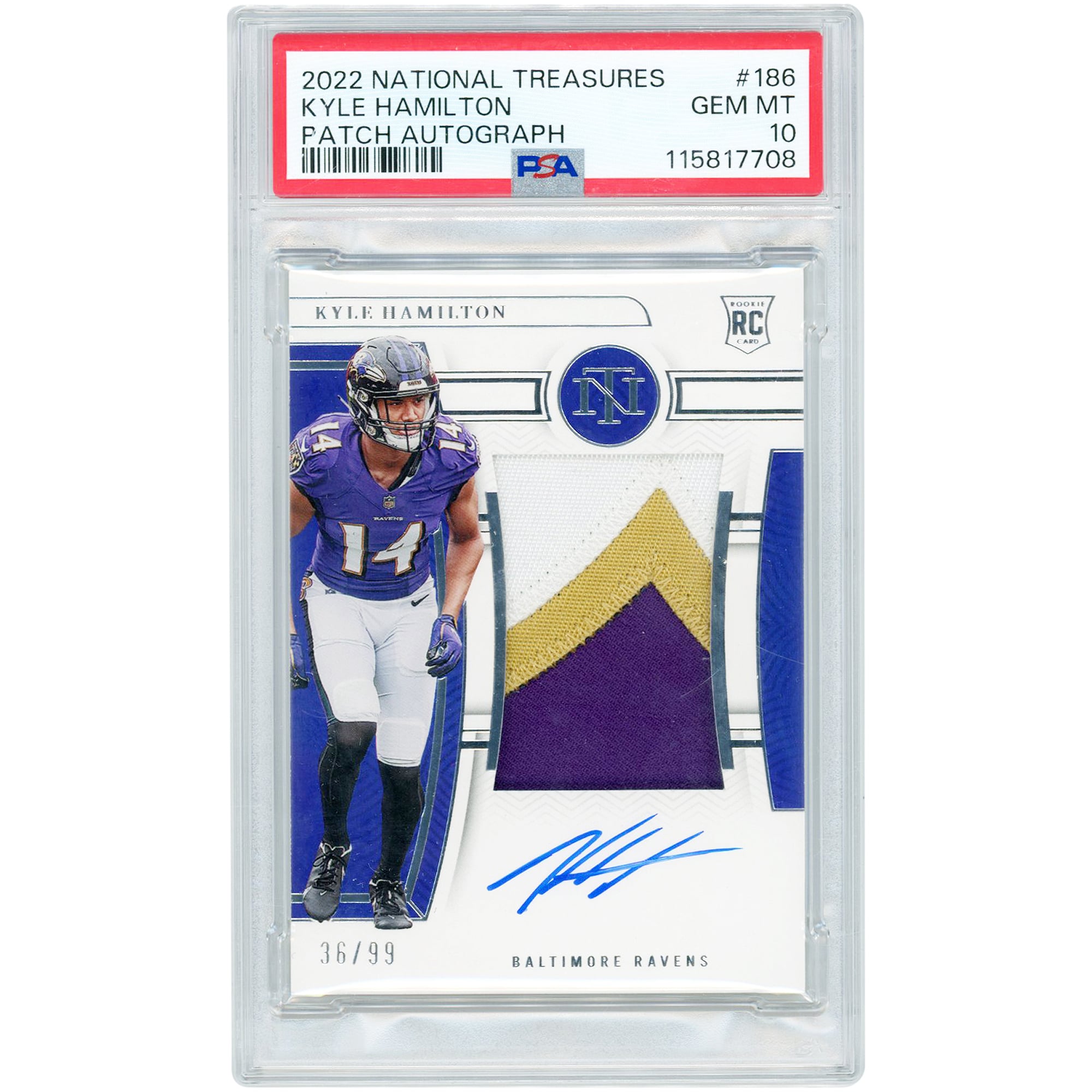 Kyle Hamilton Baltimore Ravens Autographed 2022 Panini National Treasures Tri-Color RPA #186 #36/99 PSA Authenticated 10 Rookie Card