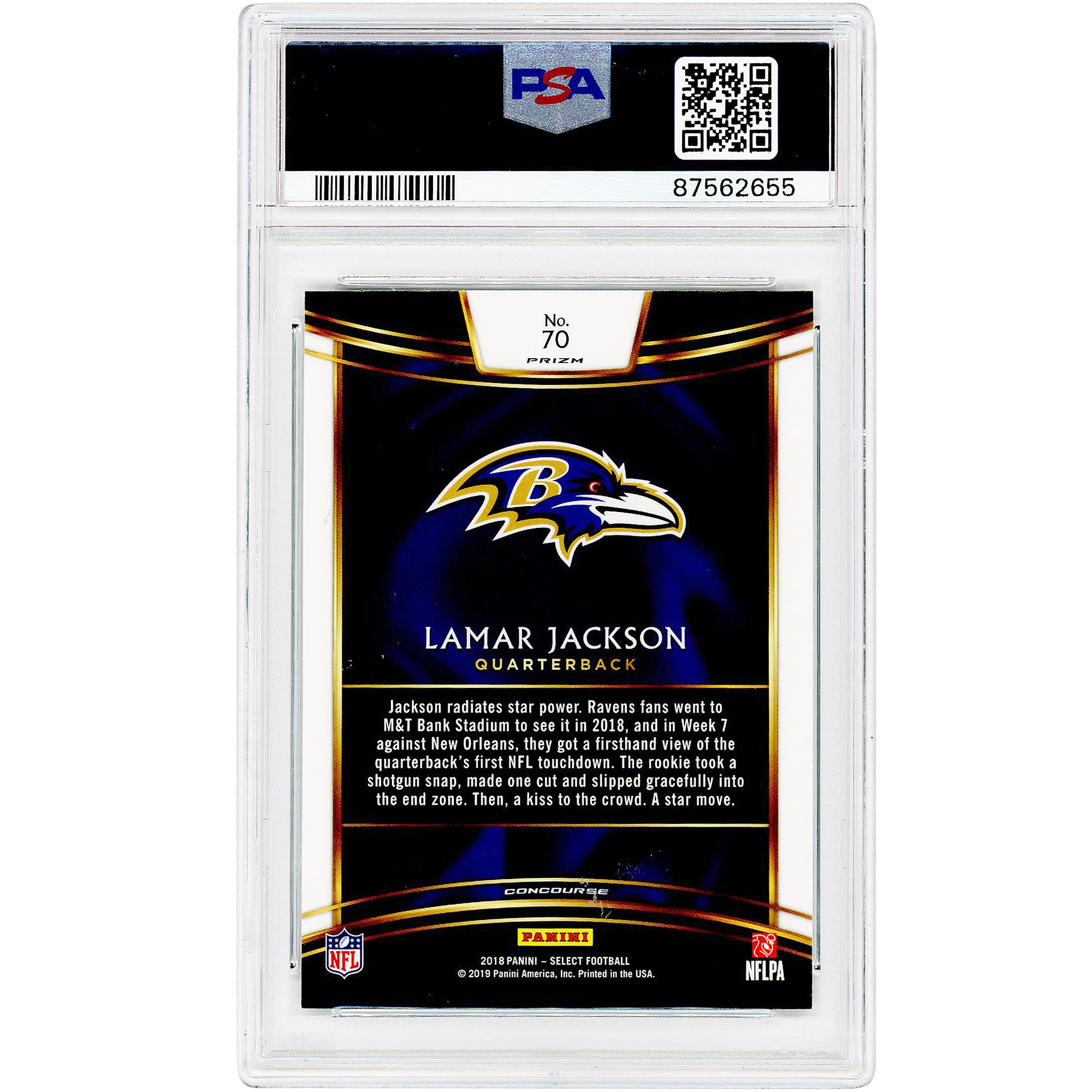Lamar Jackson Baltimore Ravens 2018 Panini Select Silver Prizm #70 PSA Authenticated 9 Rookie Card