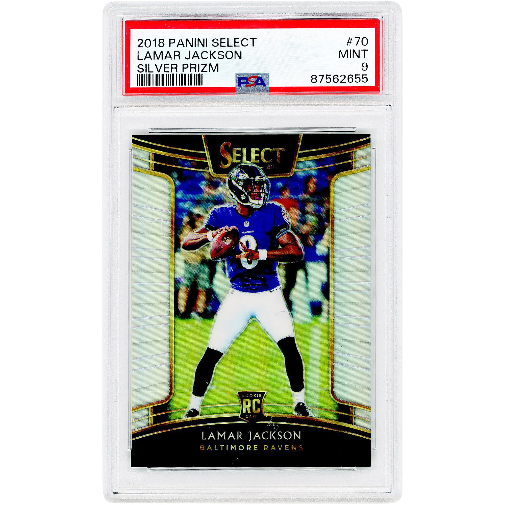 Lamar Jackson Baltimore Ravens 2018 Panini Select Silver Prizm #70 PSA Authenticated 9 Rookie Card