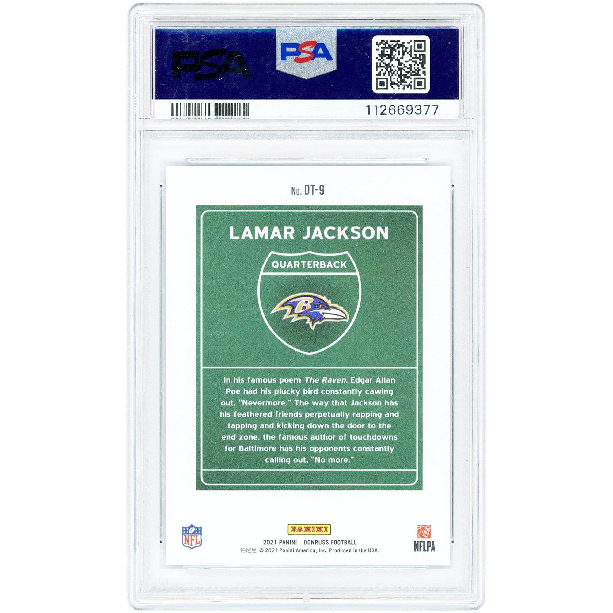 Lamar Jackson Baltimore Ravens 2021 Panini Donruss Downtown! #DT-9 PSA Authenticated 9 Card