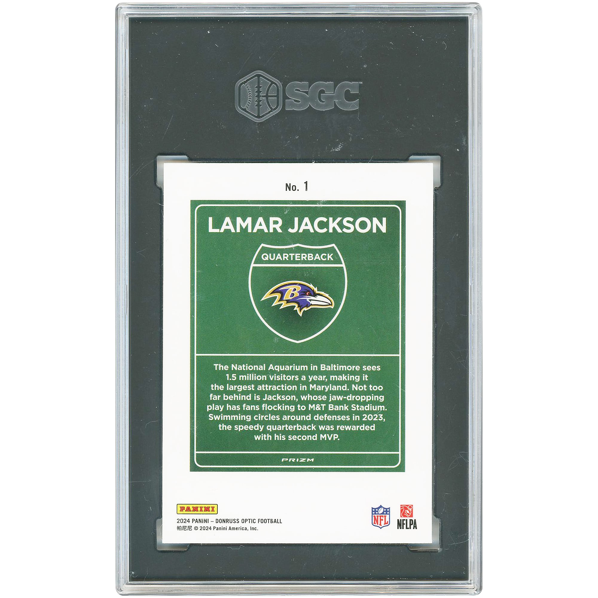 Lamar Jackson Baltimore Ravens 2024 Panini Donruss Optic Downtown Case Hit #1 SGC Authenticated 9 Card