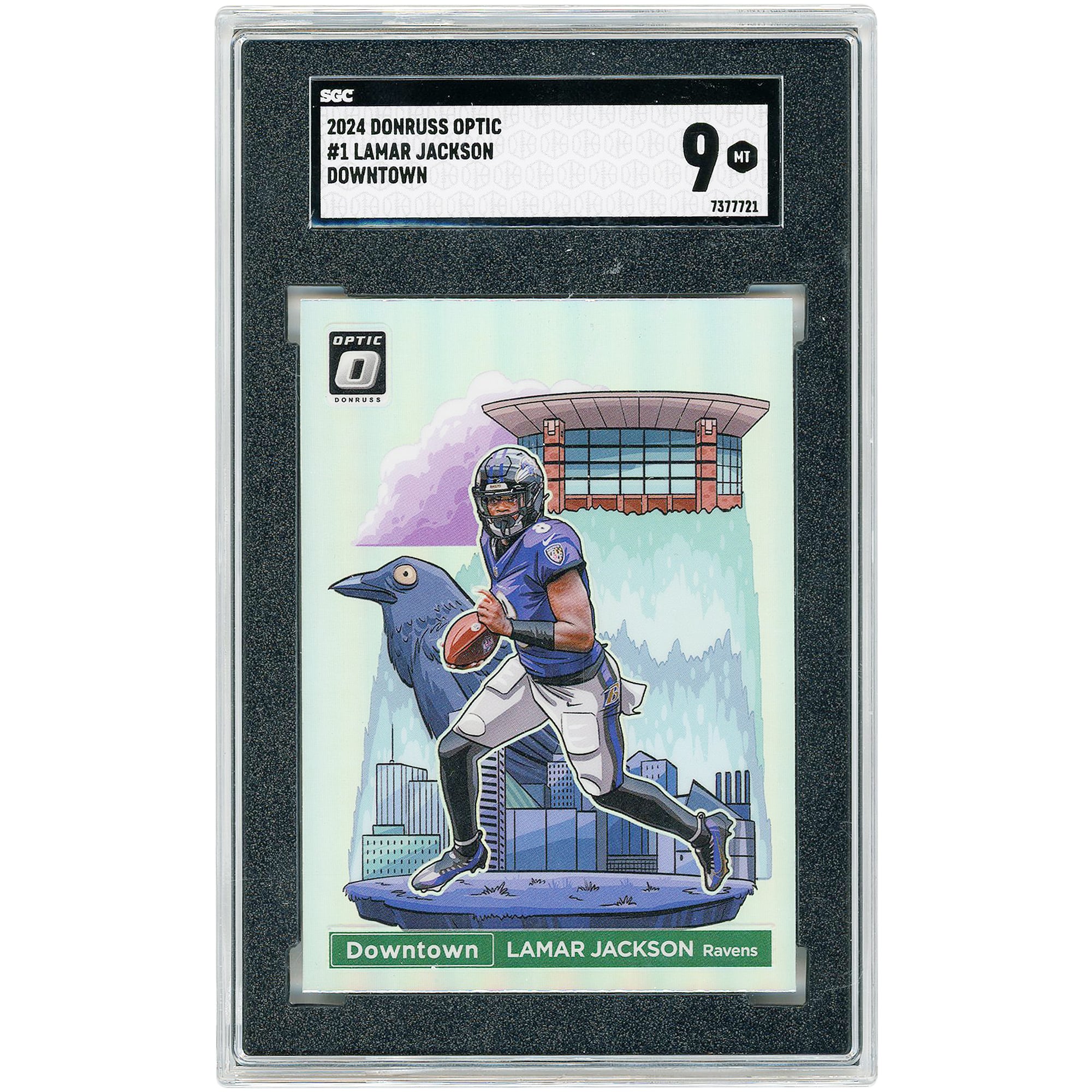 Lamar Jackson Baltimore Ravens 2024 Panini Donruss Optic Downtown Case Hit #1 SGC Authenticated 9 Card