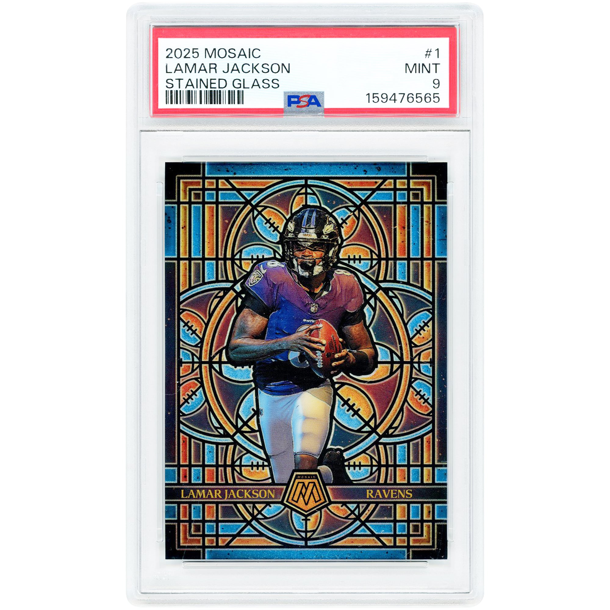 Lamar Jackson Baltimore Ravens 2025 Panini Mosaic Stained Glass Case Hit #1 PSA Authenticated 9 Card
