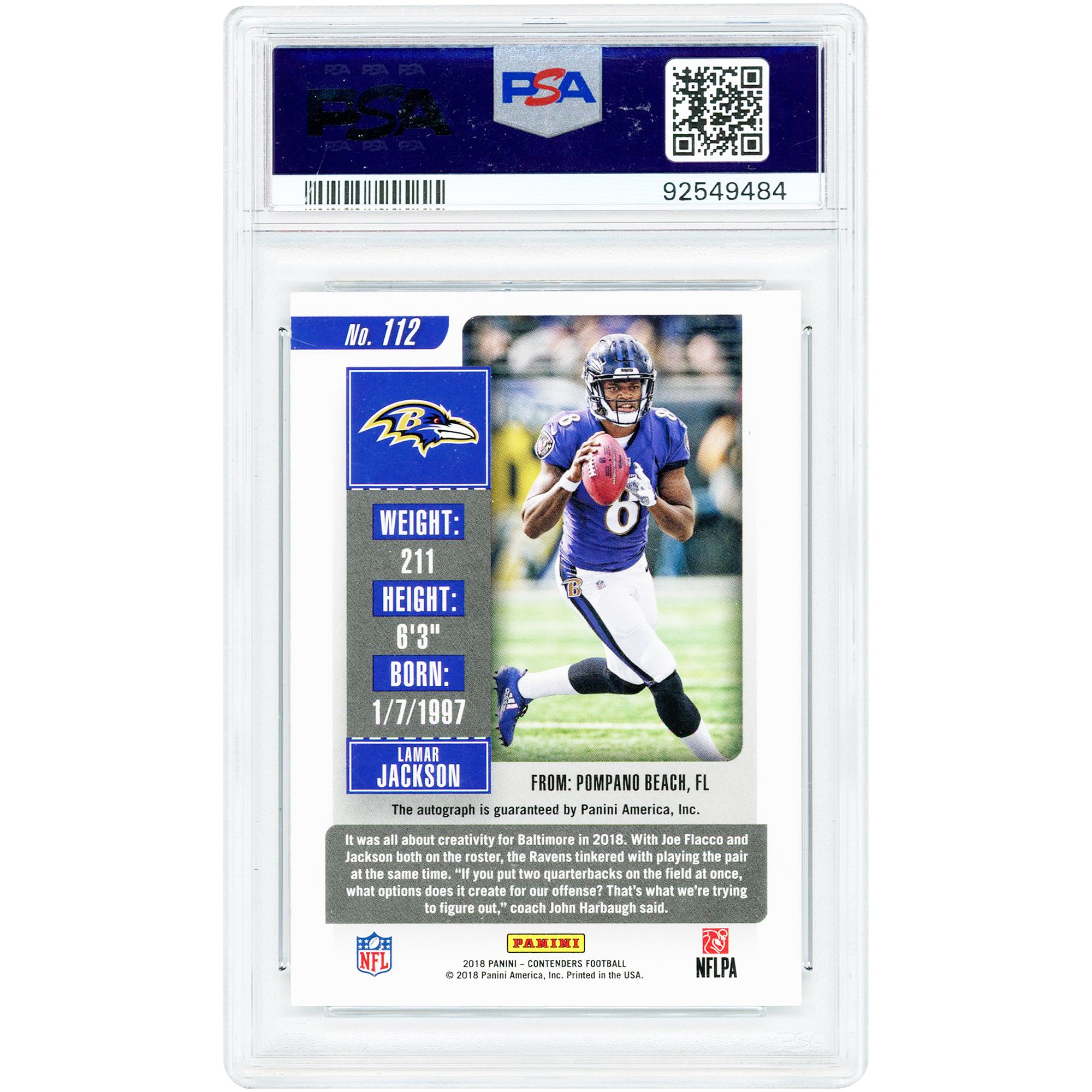 Lamar Jackson Baltimore Ravens Autographed 2018 Panini Contenders Playoff Ticket #112 #30/49 PSA Authenticated 8 Rookie Card