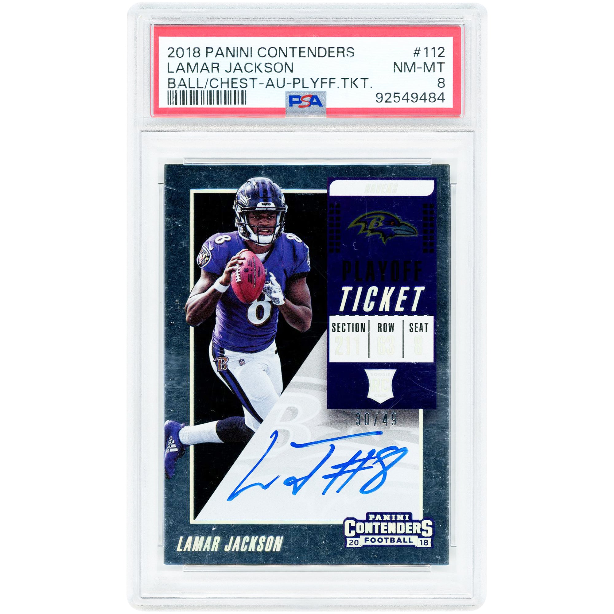 Lamar Jackson Baltimore Ravens Autographed 2018 Panini Contenders Playoff Ticket #112 #30/49 PSA Authenticated 8 Rookie Card