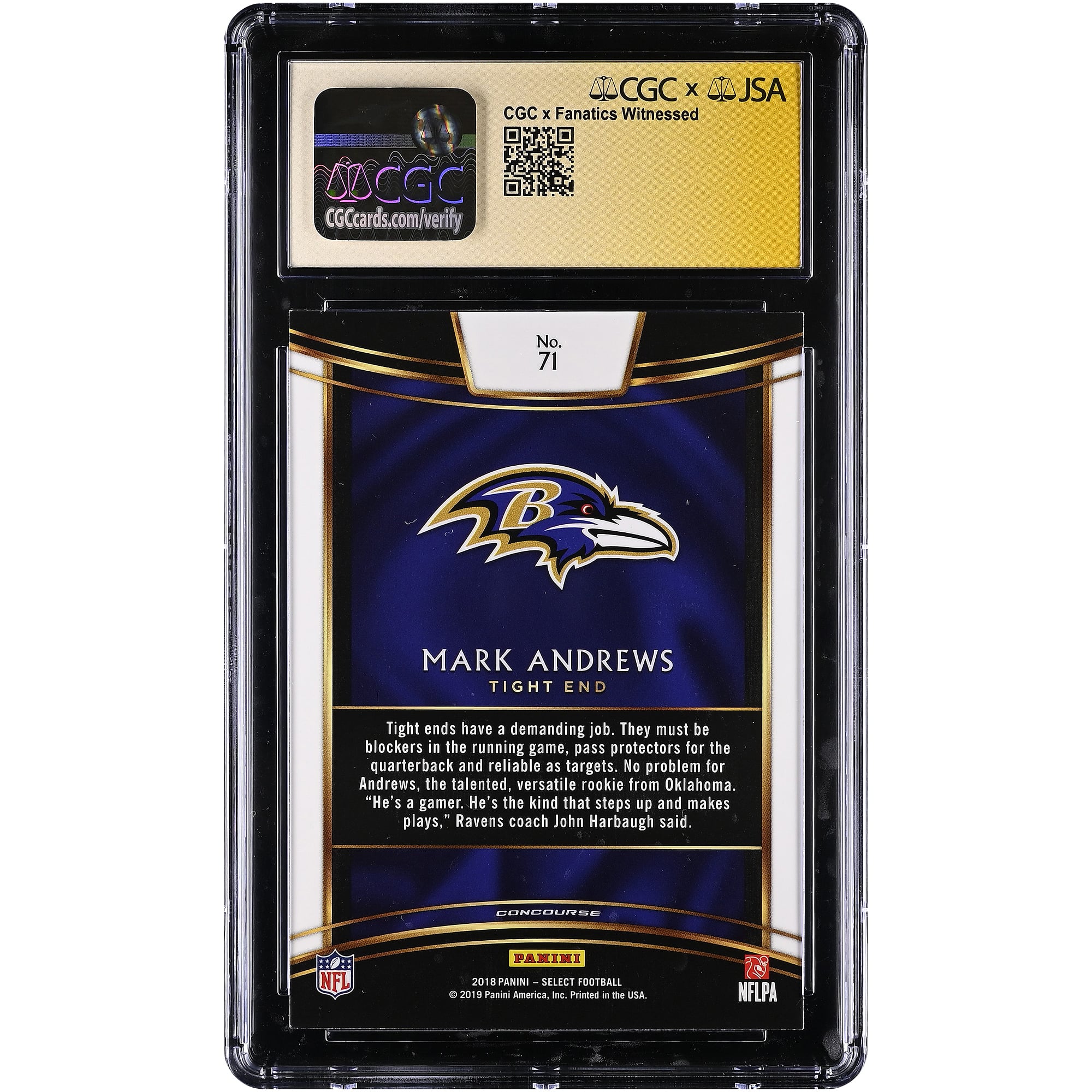 Mark Andrews Baltimore Ravens Autographed 2018 Panini Select #71 CGC Fanatics Witnessed Authenticated Rookie Card
