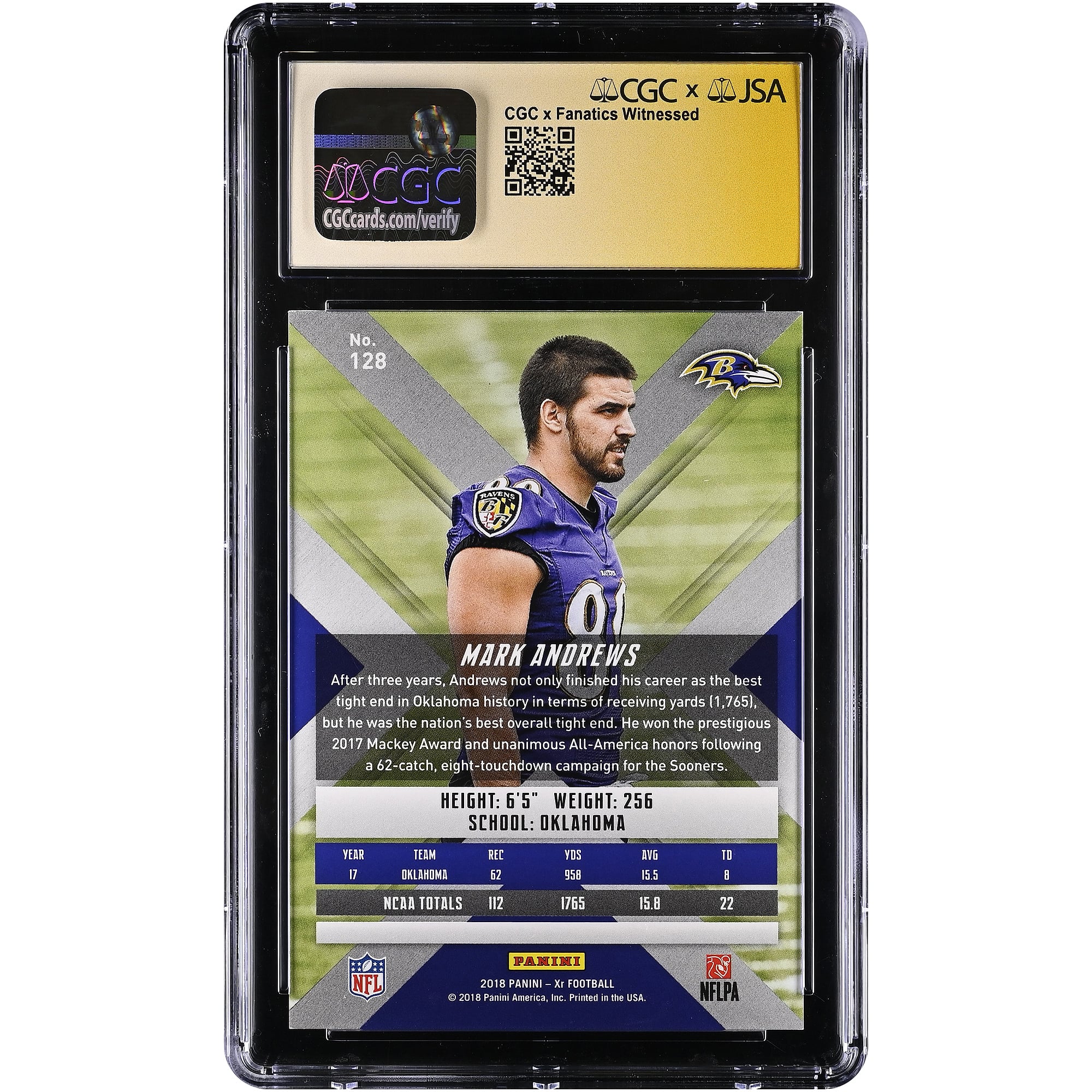 Mark Andrews Baltimore Ravens Autographed 2018 Panini XR Red #128 #/299 CGC Fanatics Witnessed Authenticated Rookie Card