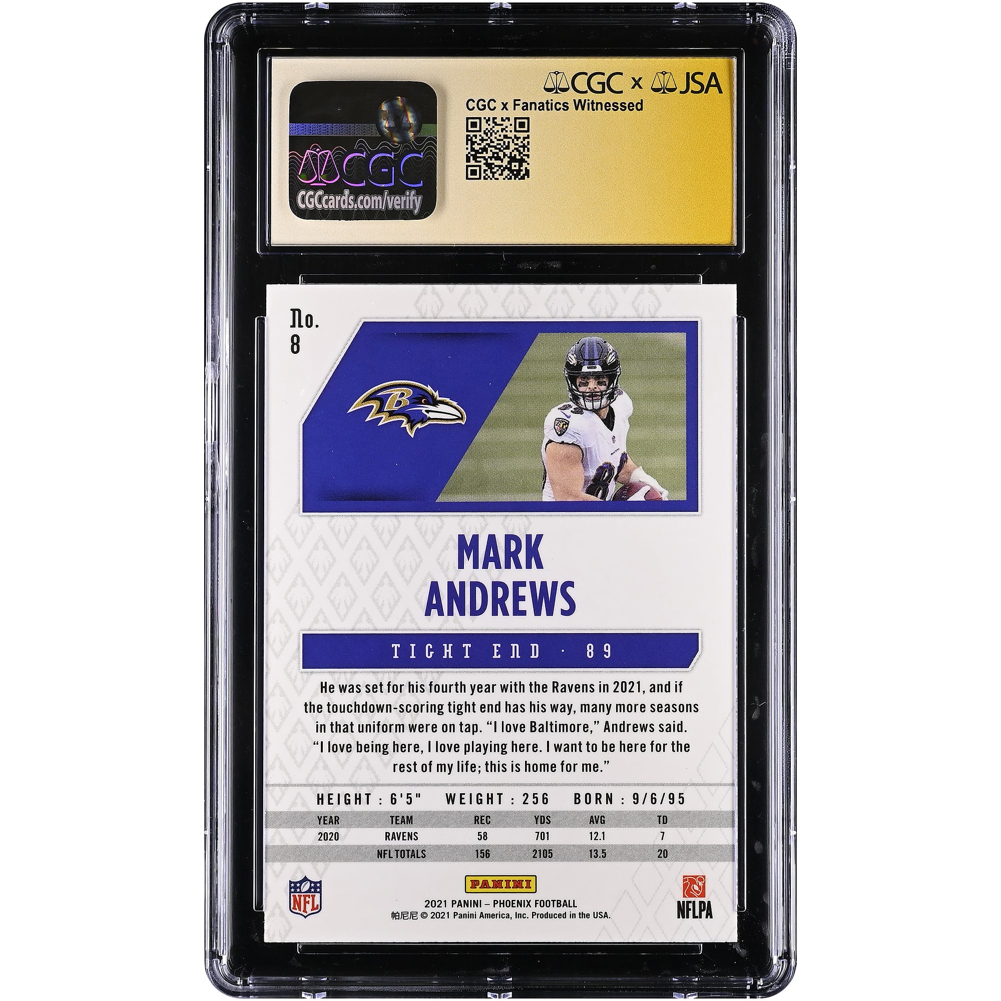 Mark Andrews Baltimore Ravens Autographed 2021 Panini Phoenix Celestial #8 CGC Fanatics Witnessed Authenticated Mint 9 Card
