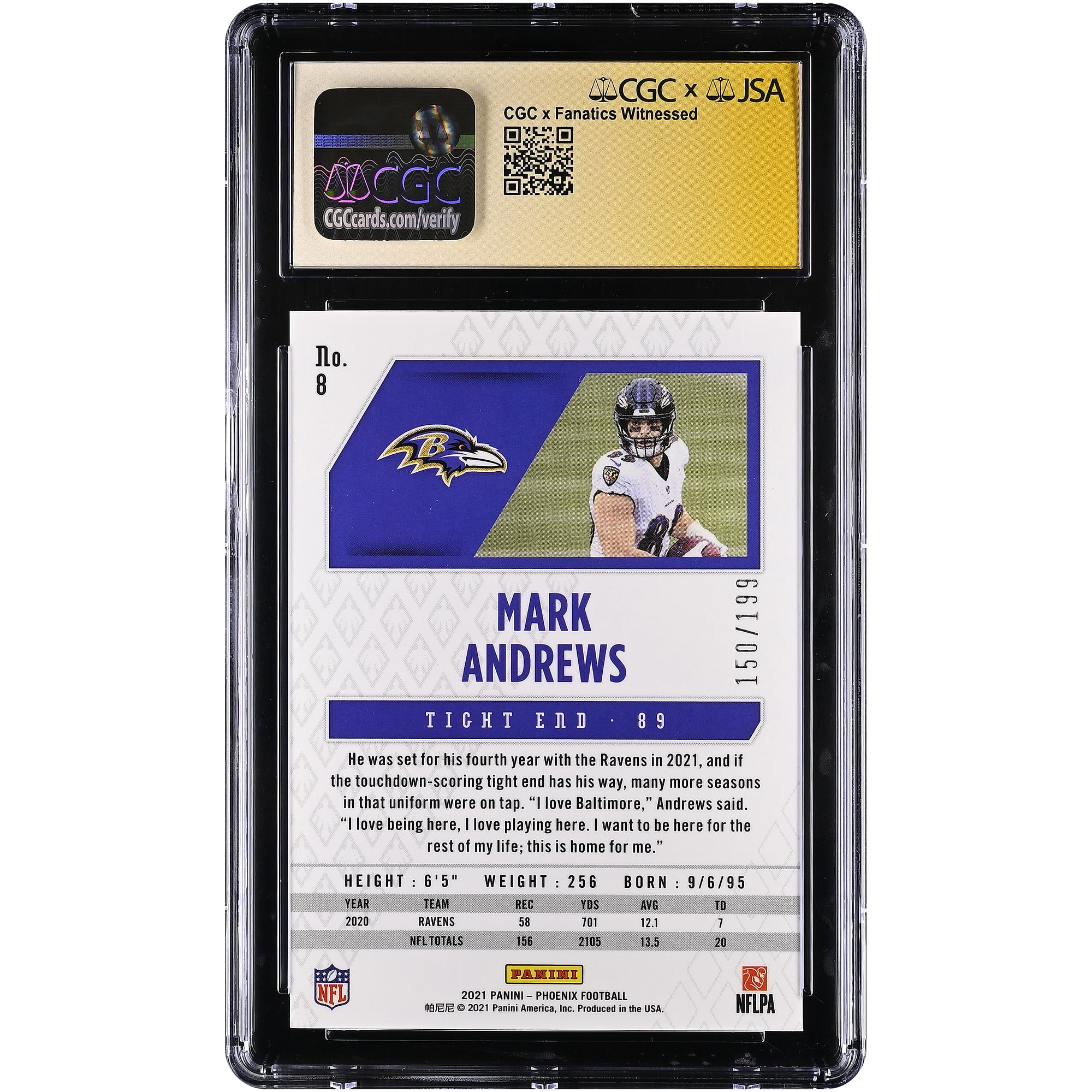 Mark Andrews Baltimore Ravens Autographed 2021 Panini Phoenix Pink #8 #/199 CGC Fanatics Witnessed Authenticated Mint 9 Card