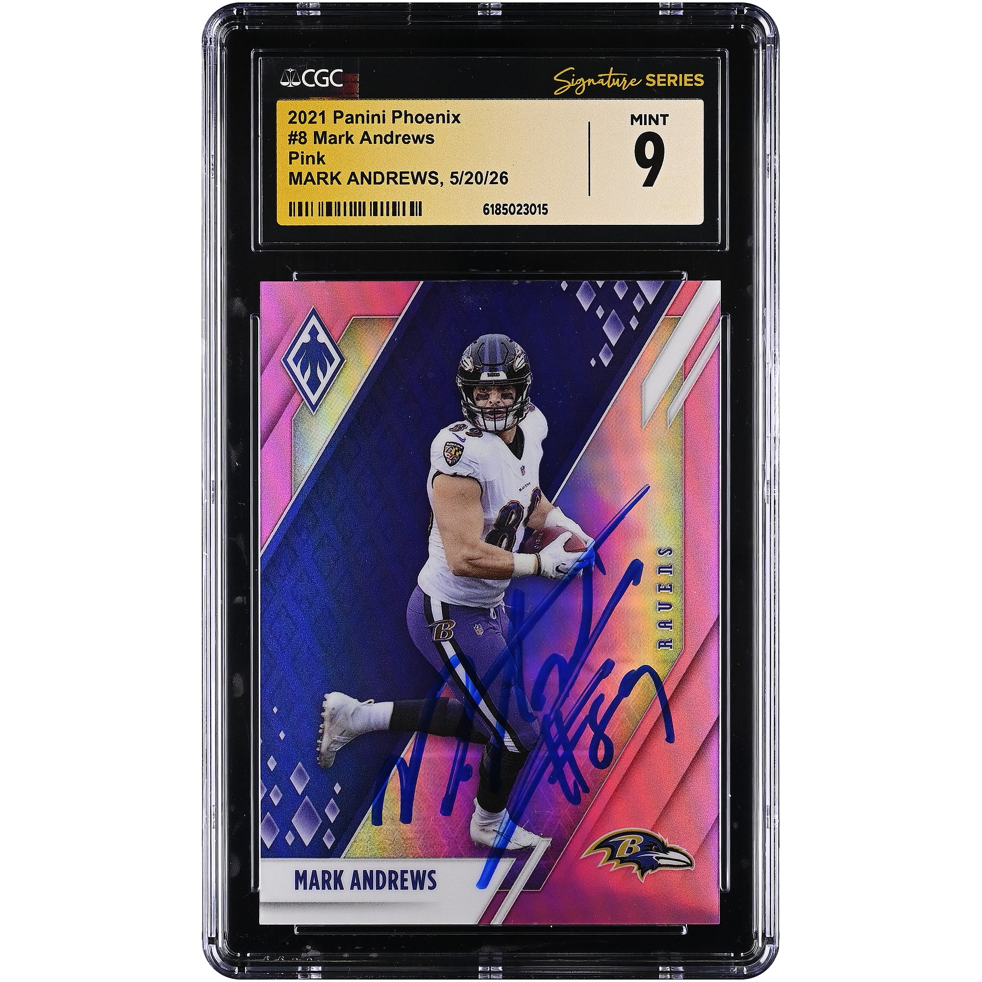 Mark Andrews Baltimore Ravens Autographed 2021 Panini Phoenix Pink #8 #/199 CGC Fanatics Witnessed Authenticated Mint 9 Card