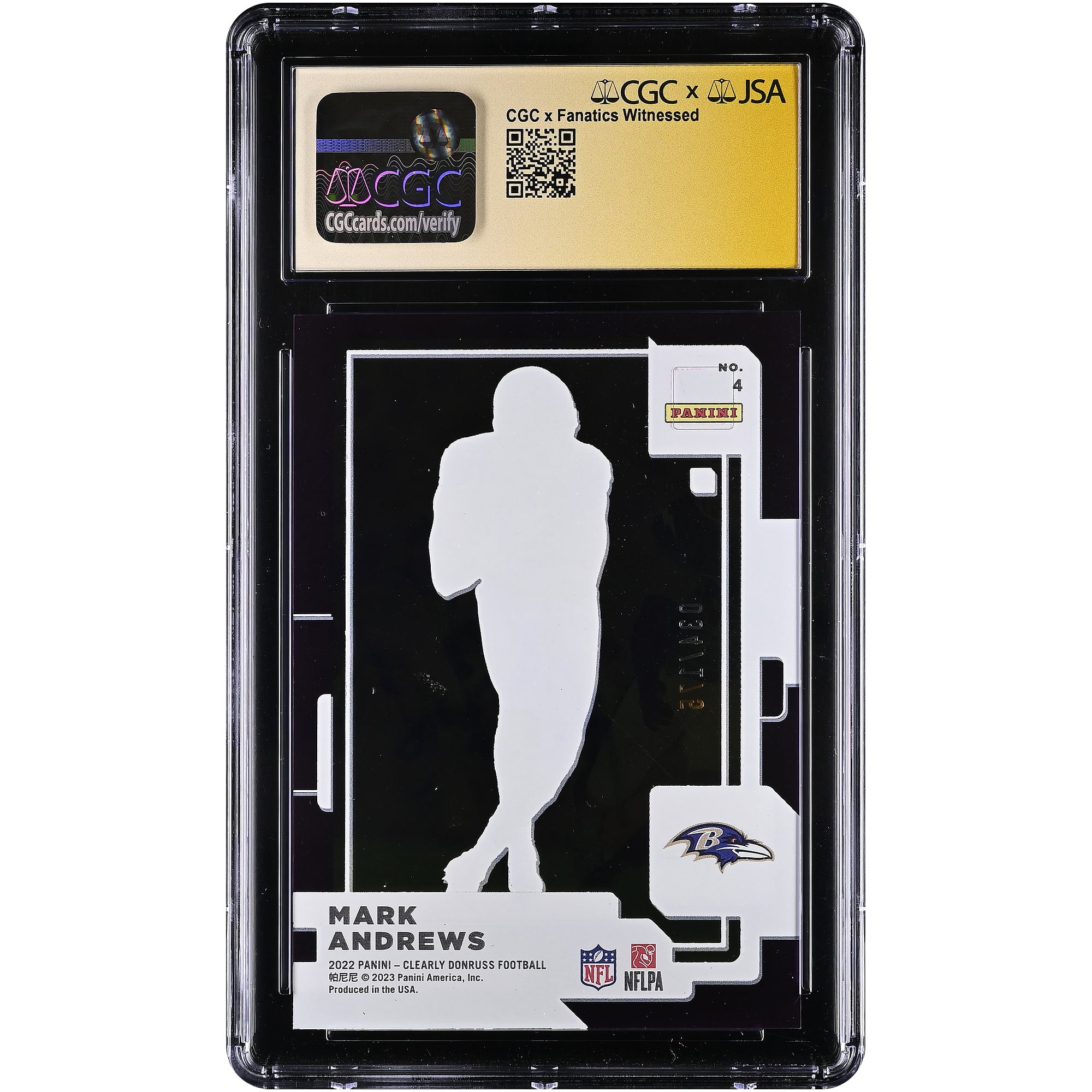 Mark Andrews Baltimore Ravens Autographed 2022 Panini Clearly Donruss Purple #4 #/175 CGC Fanatics Witnessed Authenticated 9/10 Card
