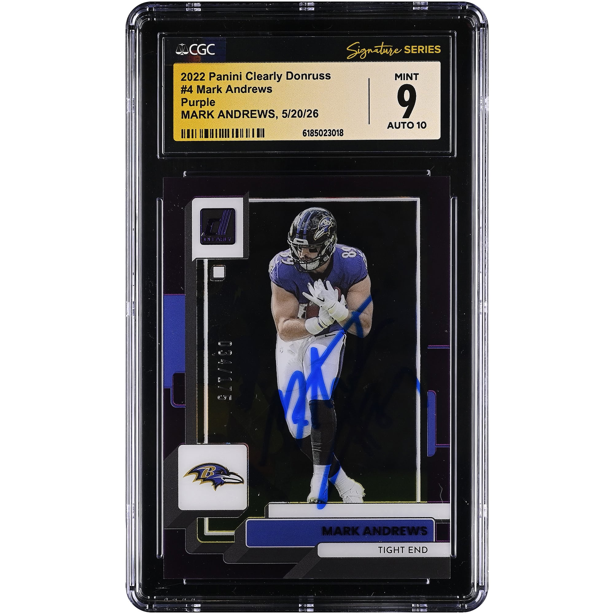 Mark Andrews Baltimore Ravens Autographed 2022 Panini Clearly Donruss Purple #4 #/175 CGC Fanatics Witnessed Authenticated 9/10 Card