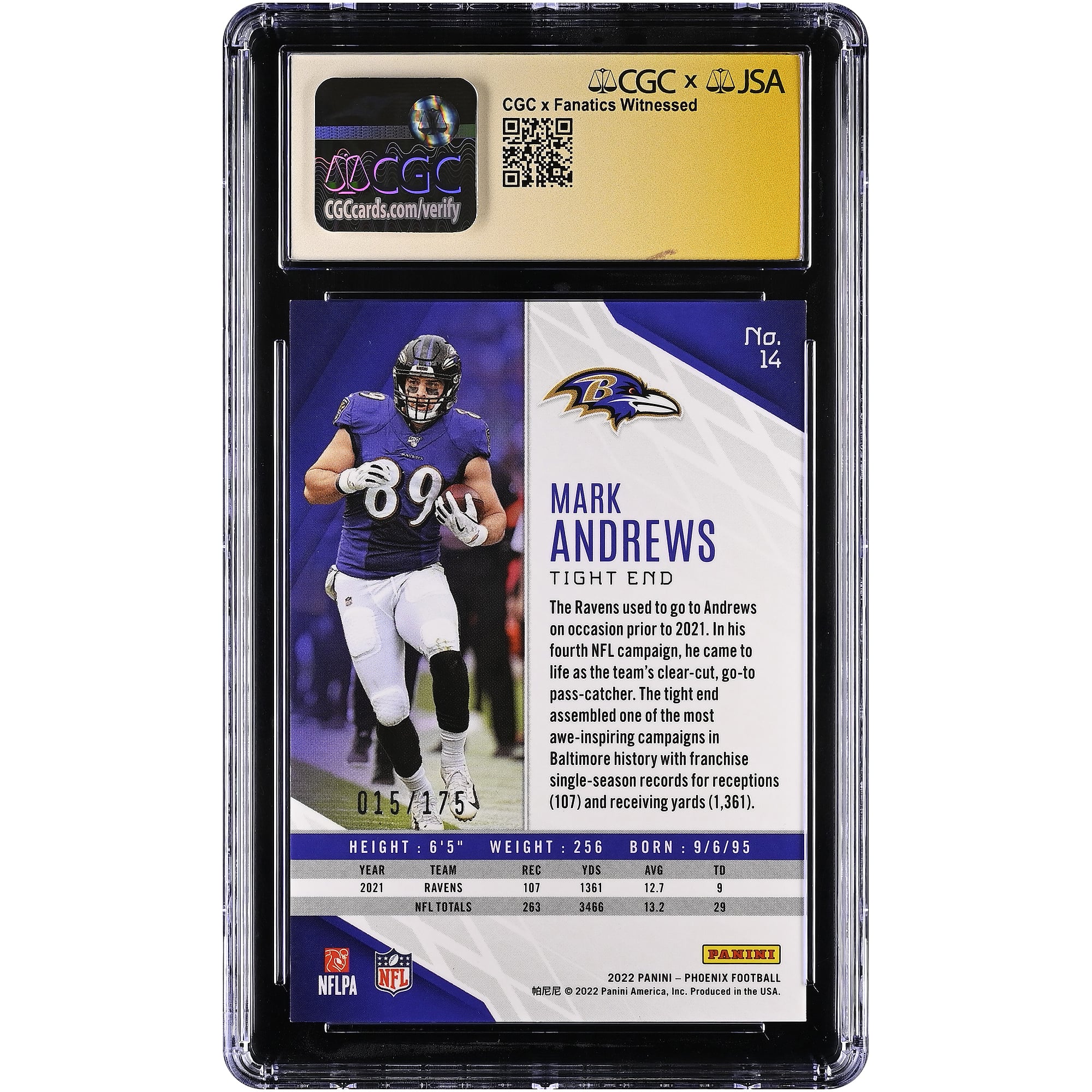 Mark Andrews Baltimore Ravens Autographed 2022 Panini Phoenix Lava #14 #/175 CGC Fanatics Witnessed Authenticated Card