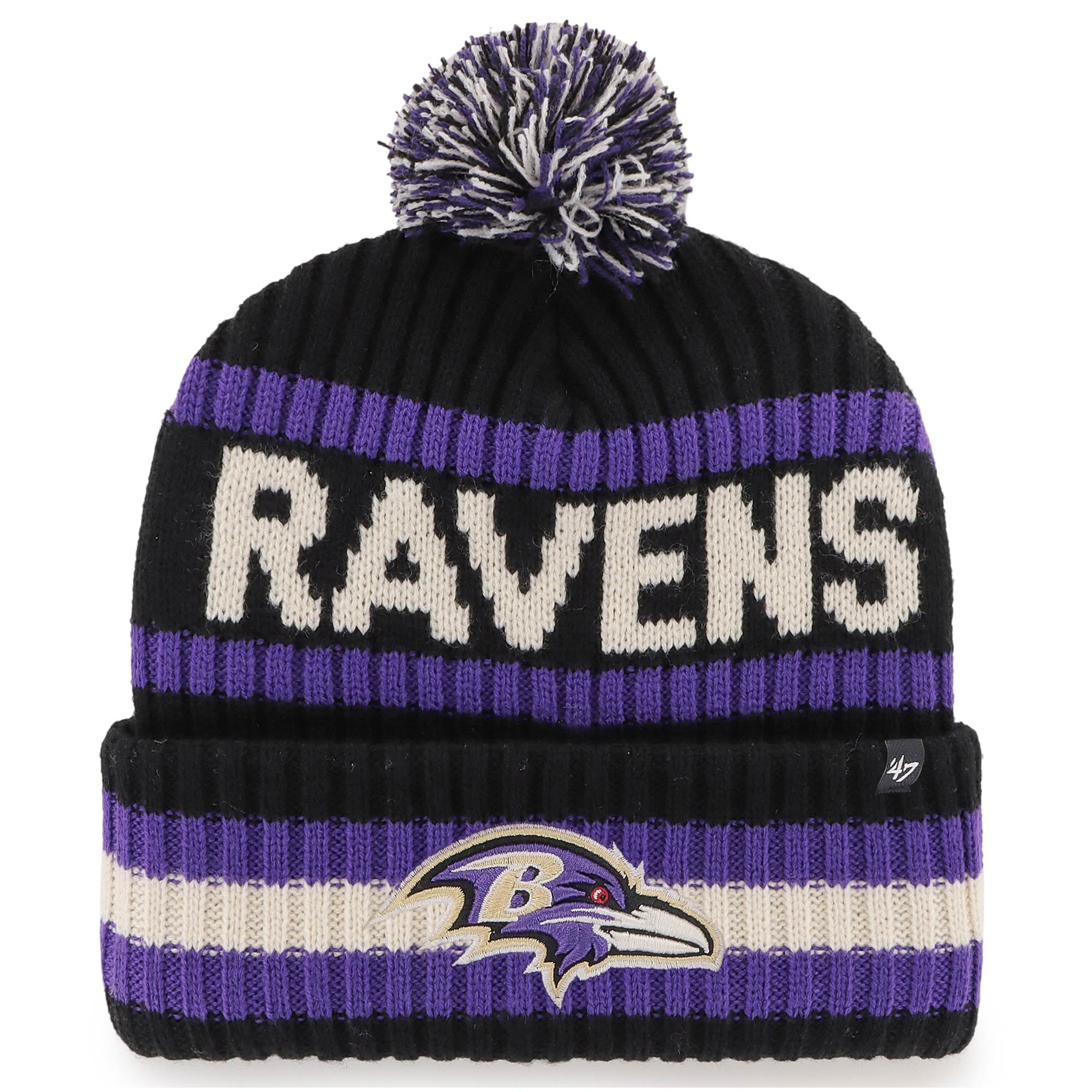 Bonnet Bering à revers pour homme, noir et violet, modèle 47 des Ravens de Baltimore, avec pompon.