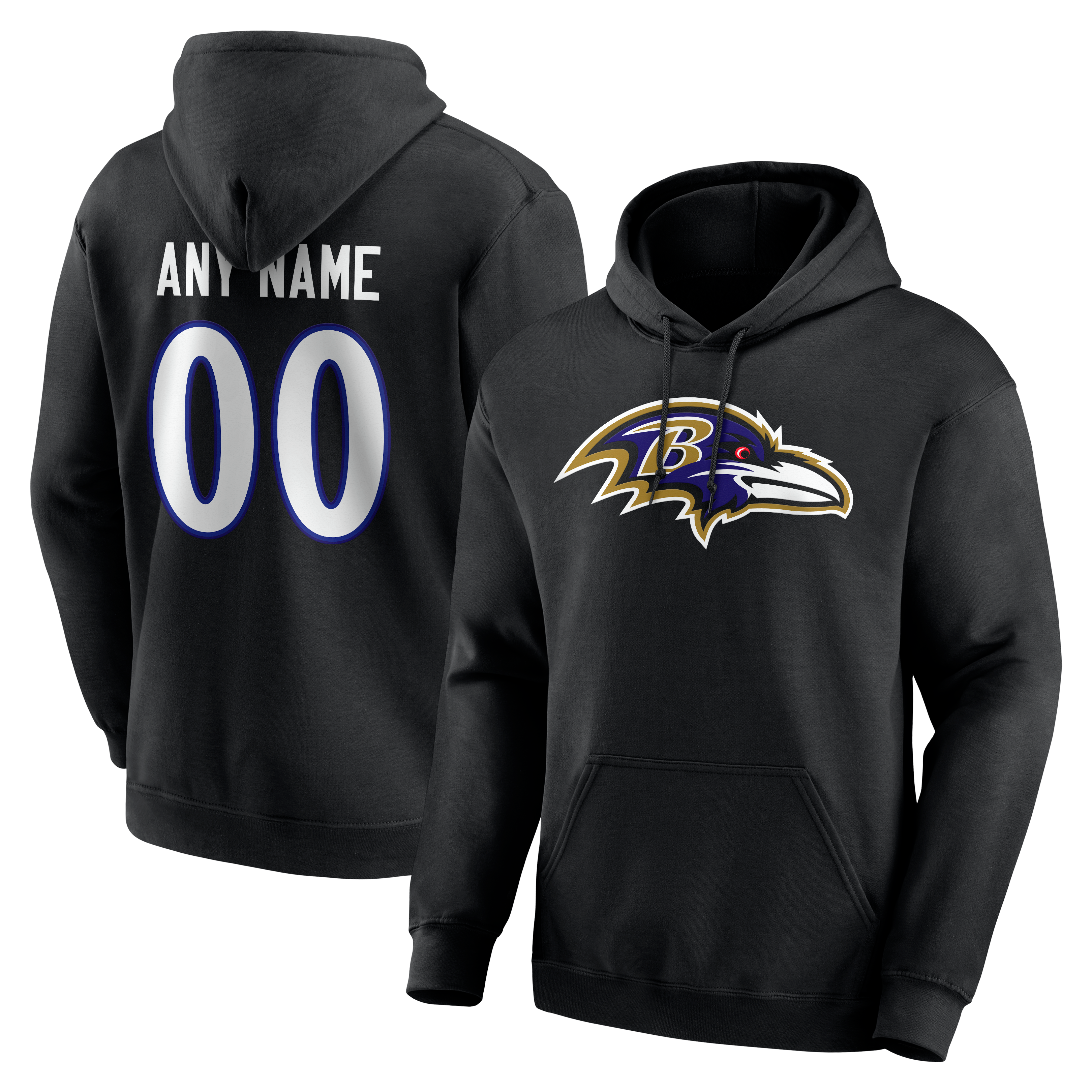 Sweat à capuche noir authentique pour homme des Ravens de Baltimore, personnalisé avec nom et numéro.