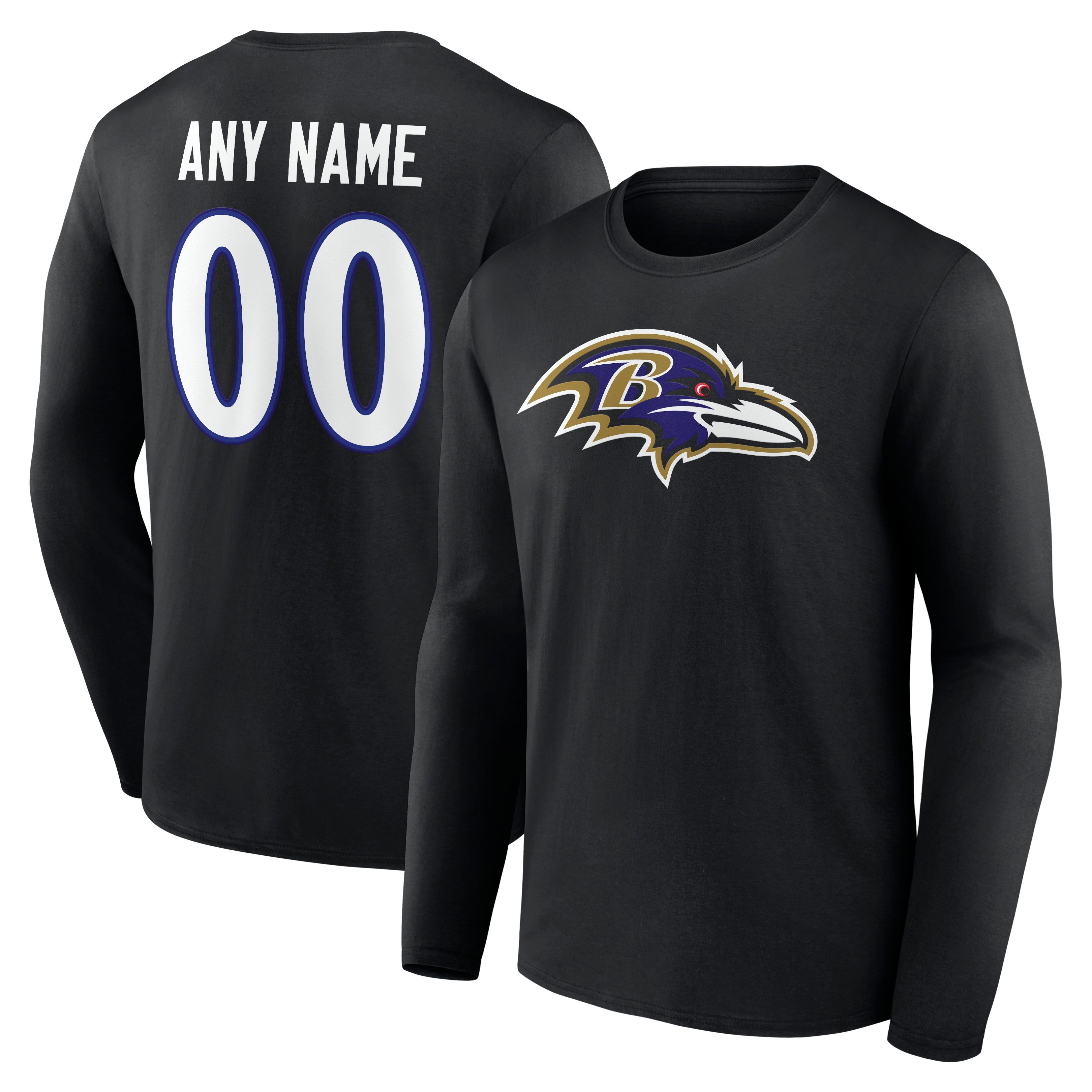 T-shirt à manches longues noir authentique pour homme des Ravens de Baltimore, personnalisé avec nom et numéro