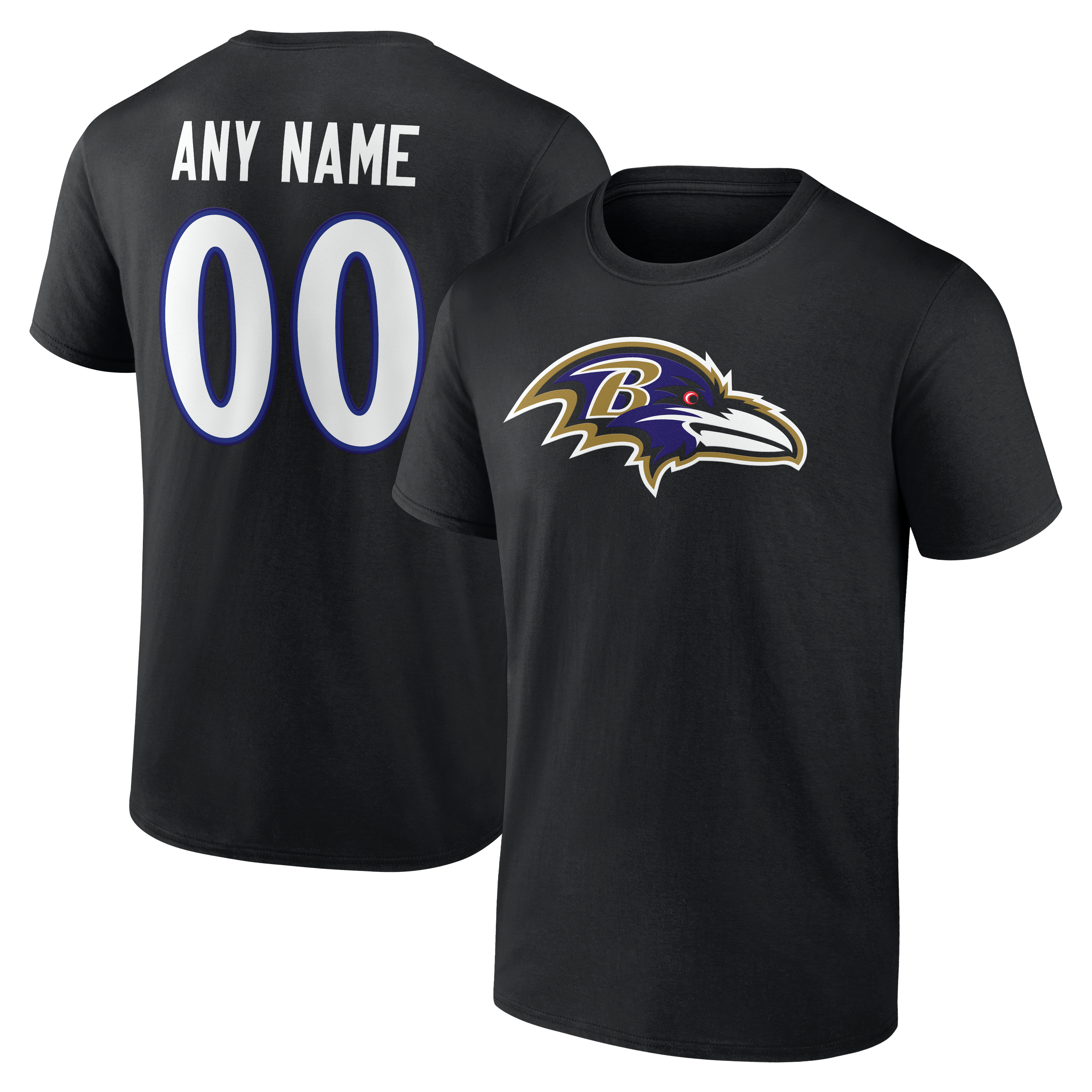 T-shirt noir authentique pour homme des Ravens de Baltimore, personnalisé avec nom et numéro