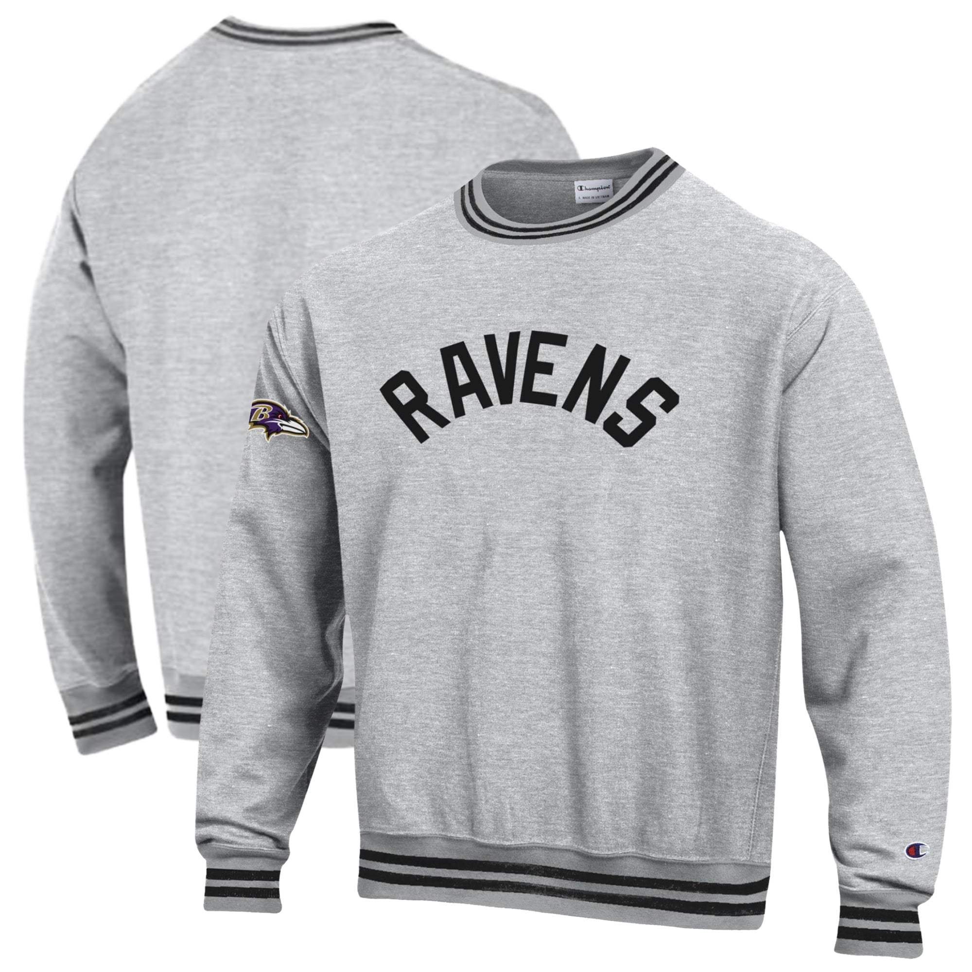 Men's Champion Heather Gray/Black Baltimore Ravens Reverse Weave Yarn Dye Sweatshirt