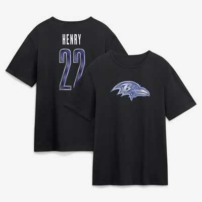 Derrick Henry Baltimore Ravens Metallic Mascot Name & Number T-Shirt - Black