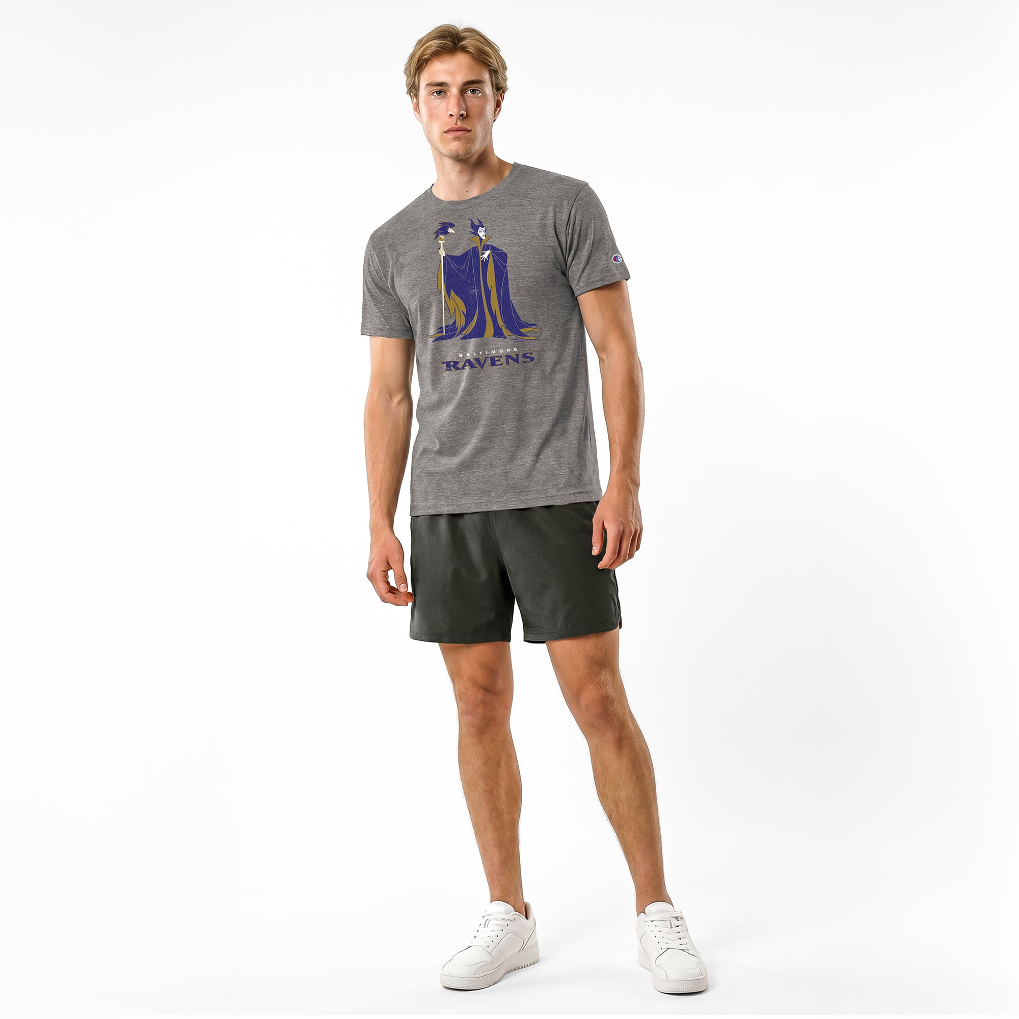T-shirt homme Disney x Champion gris Baltimore Ravens Maléfique et Diablo en mélange de trois matières