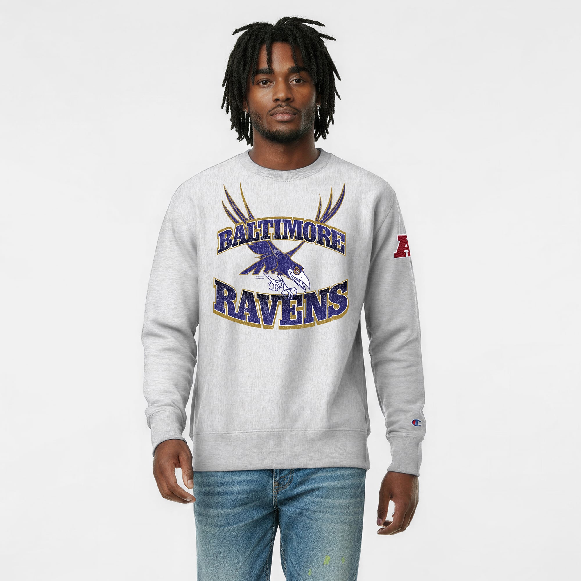 Sweat-shirt homme Disney x Champion gris chiné Baltimore Ravens Diablo Reverse Weave