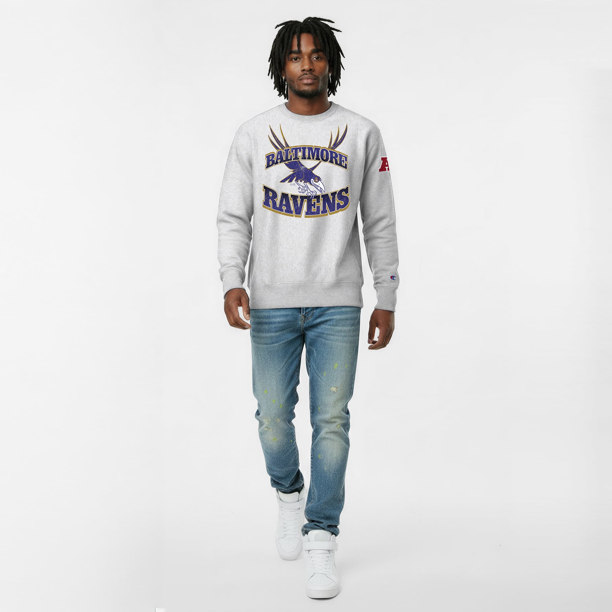 Sweat-shirt homme Disney x Champion gris chiné Baltimore Ravens Diablo Reverse Weave