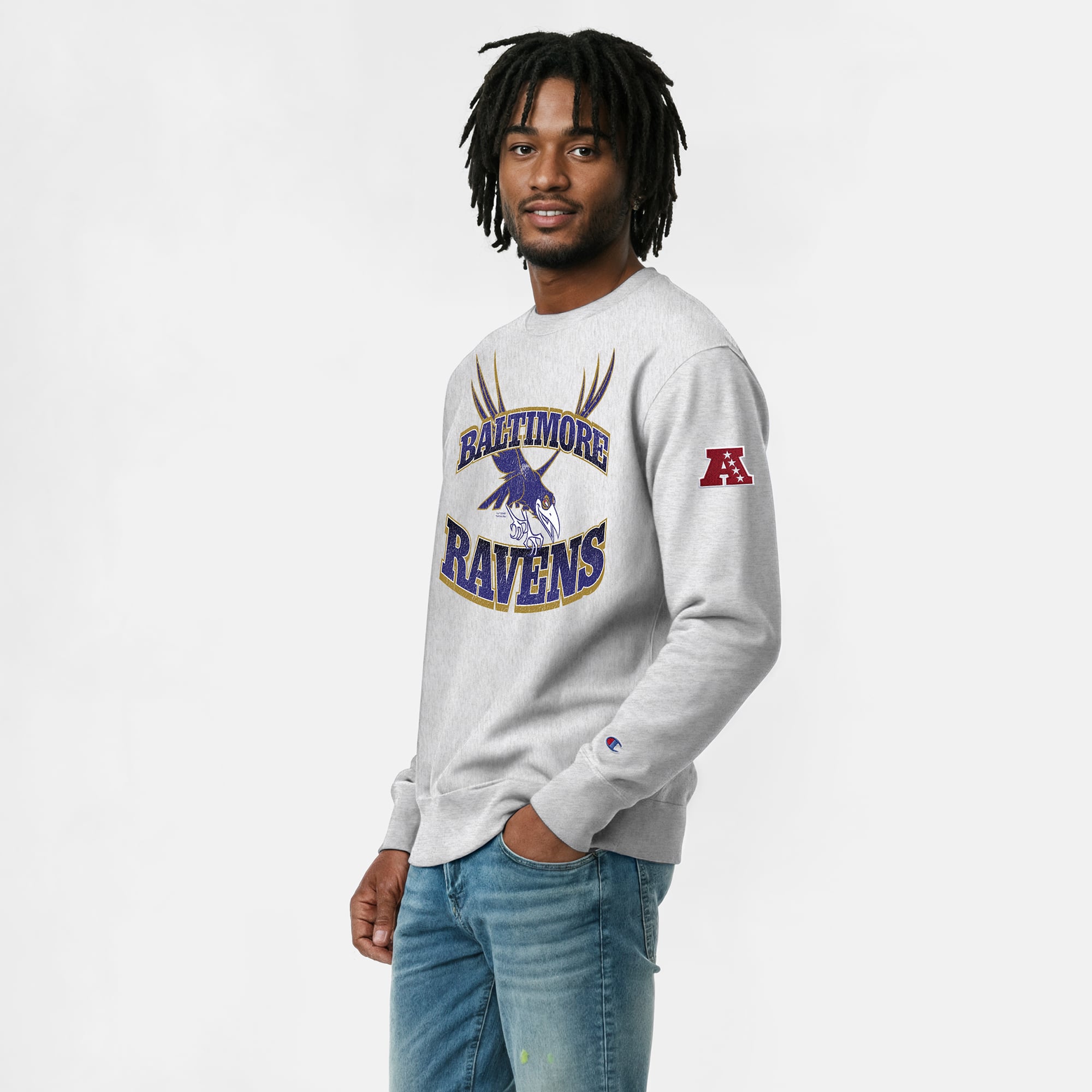 Sweat-shirt homme Disney x Champion gris chiné Baltimore Ravens Diablo Reverse Weave