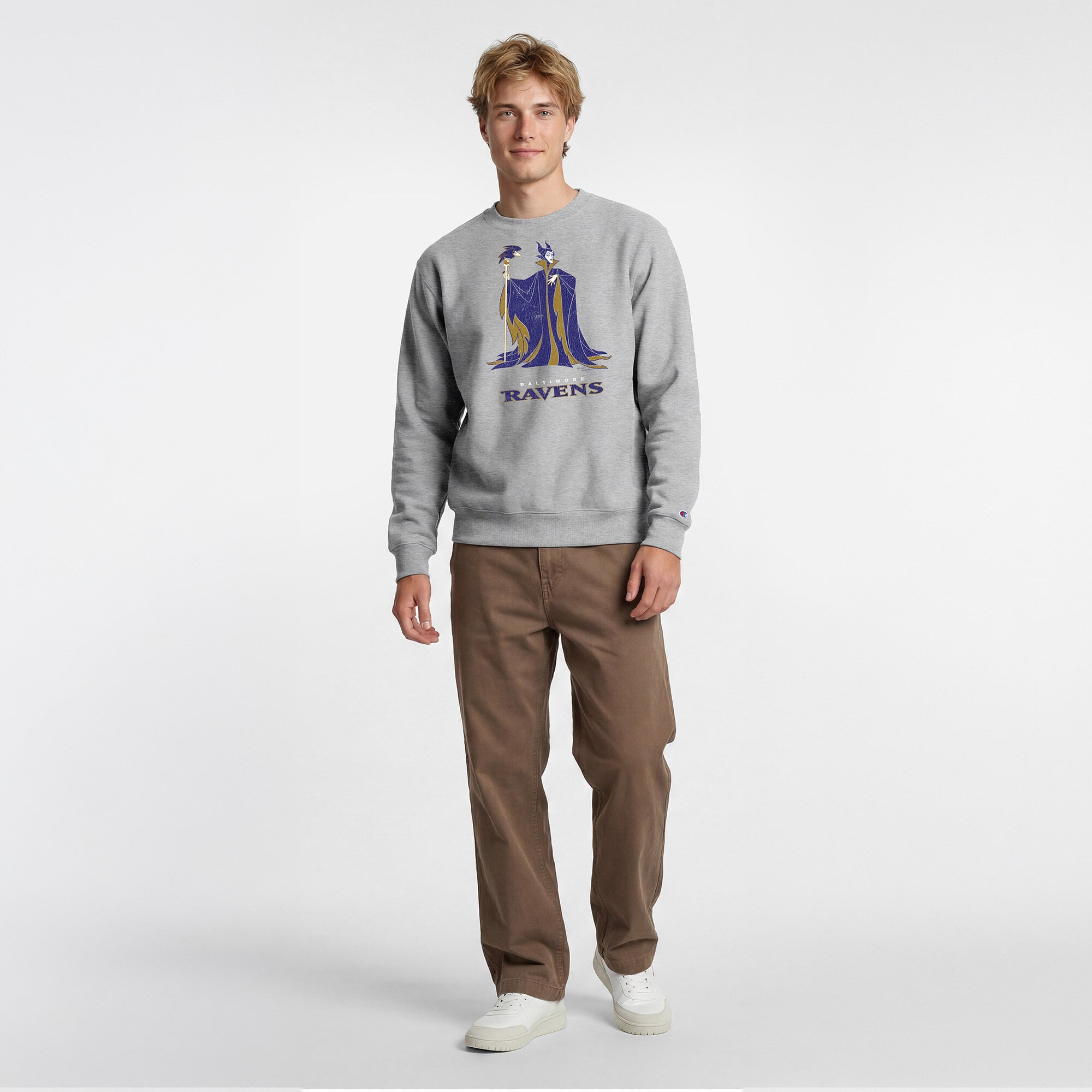 Sweat-shirt homme Disney x Champion gris chiné Baltimore Ravens Maléfique et Diablo Powerblend