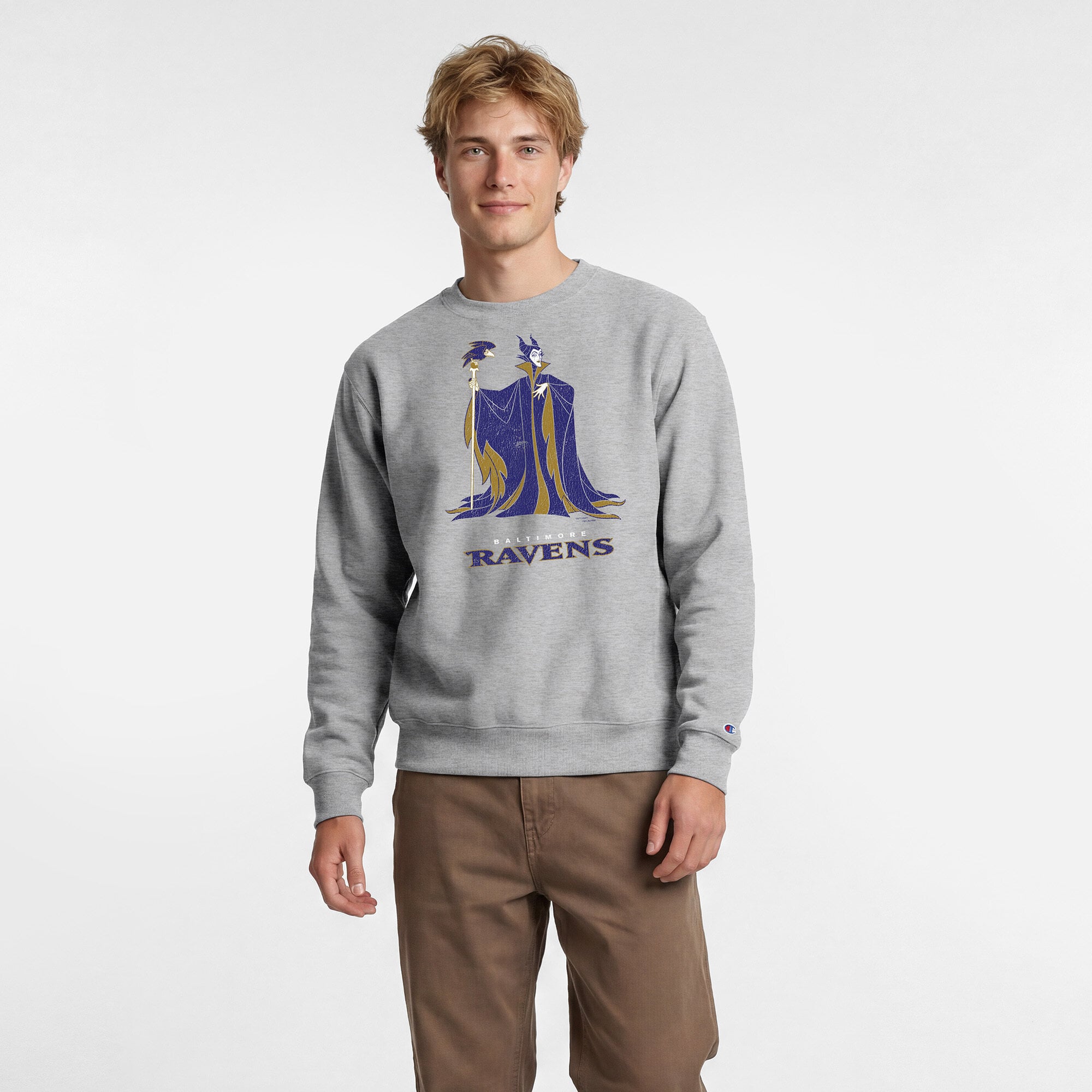Sweat-shirt homme Disney x Champion gris chiné Baltimore Ravens Maléfique et Diablo Powerblend