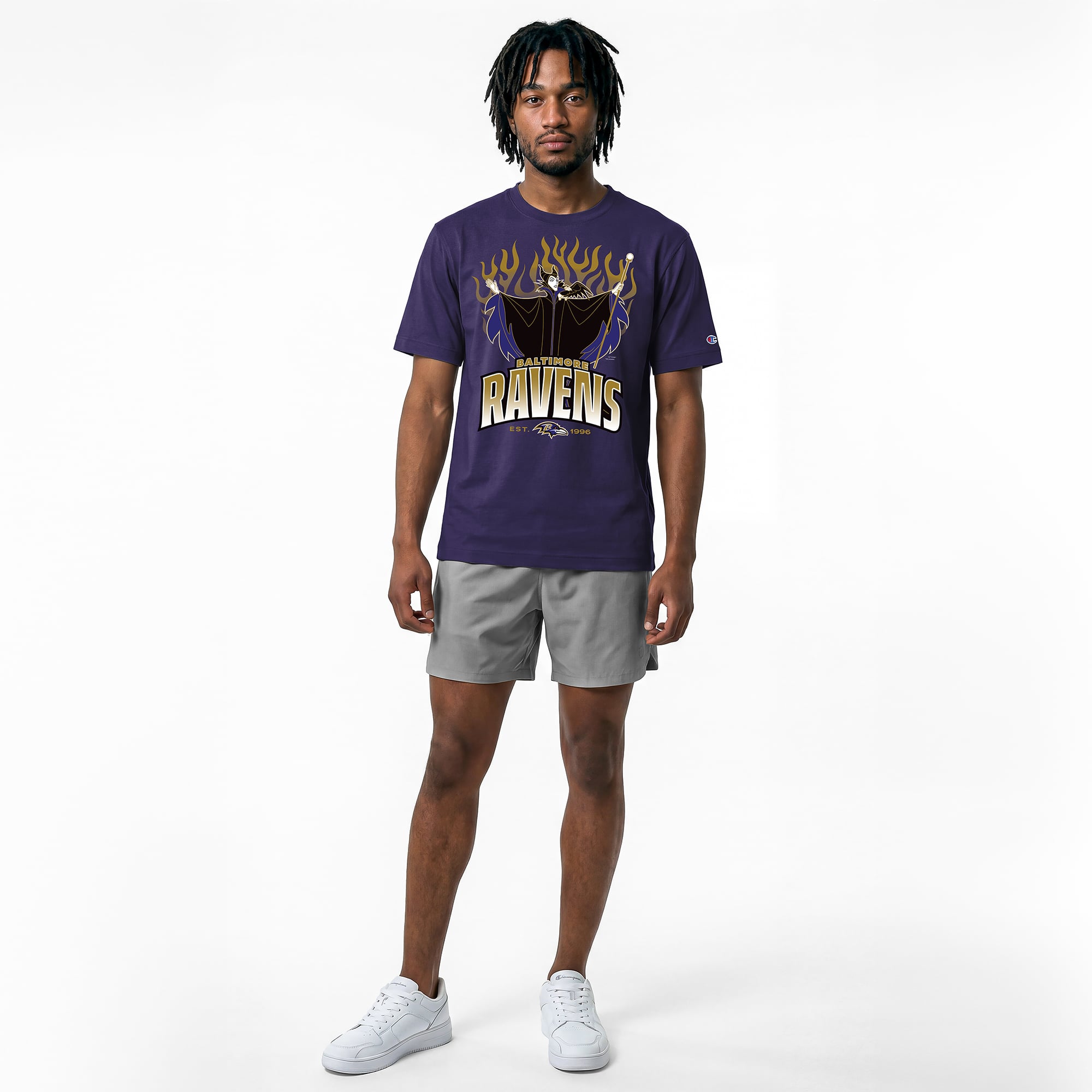 T-shirt homme Disney x Champion violet Baltimore Ravens Maléfique et Diablo All-Star