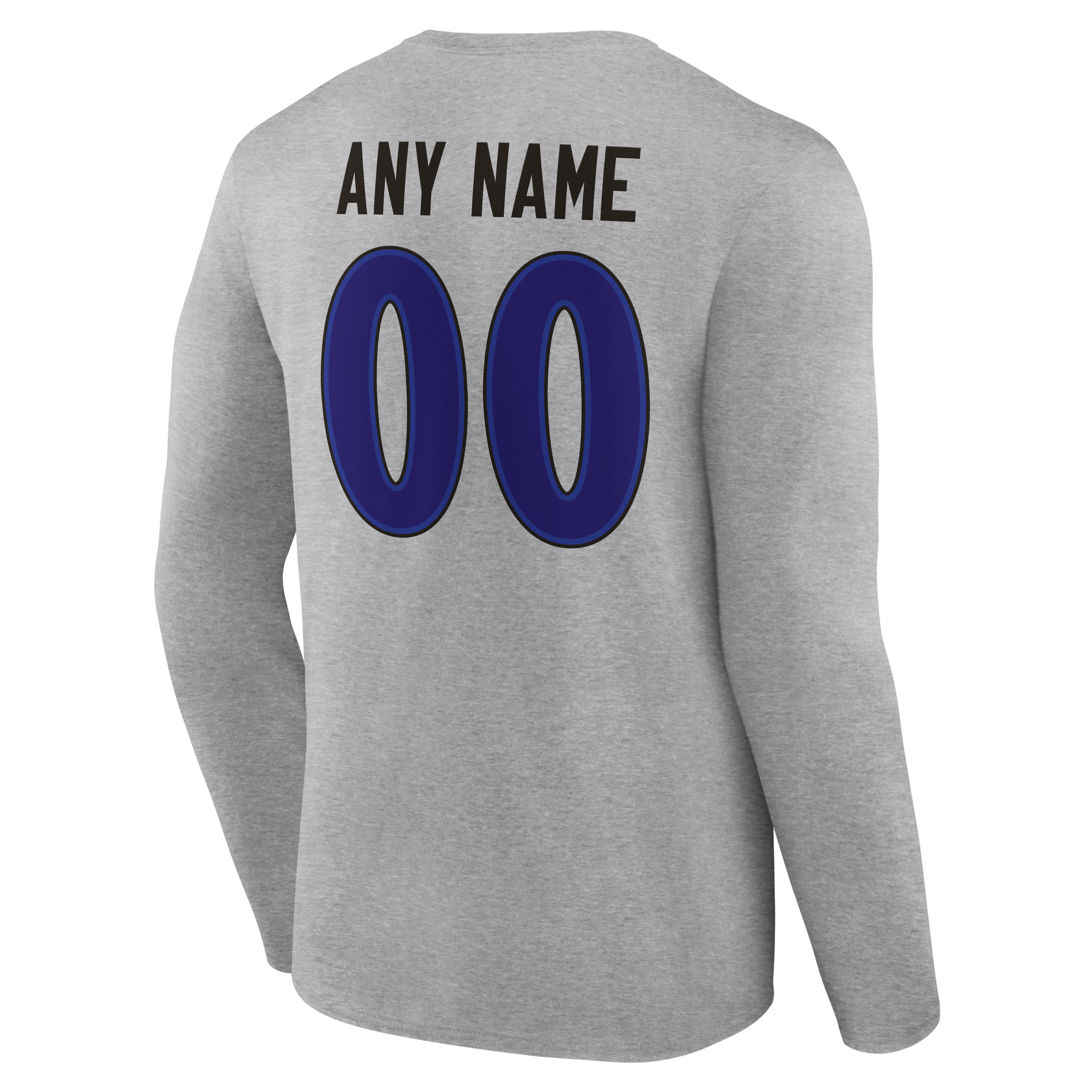 T-shirt à manches longues gris authentique pour homme des Ravens de Baltimore, personnalisé avec nom et numéro.