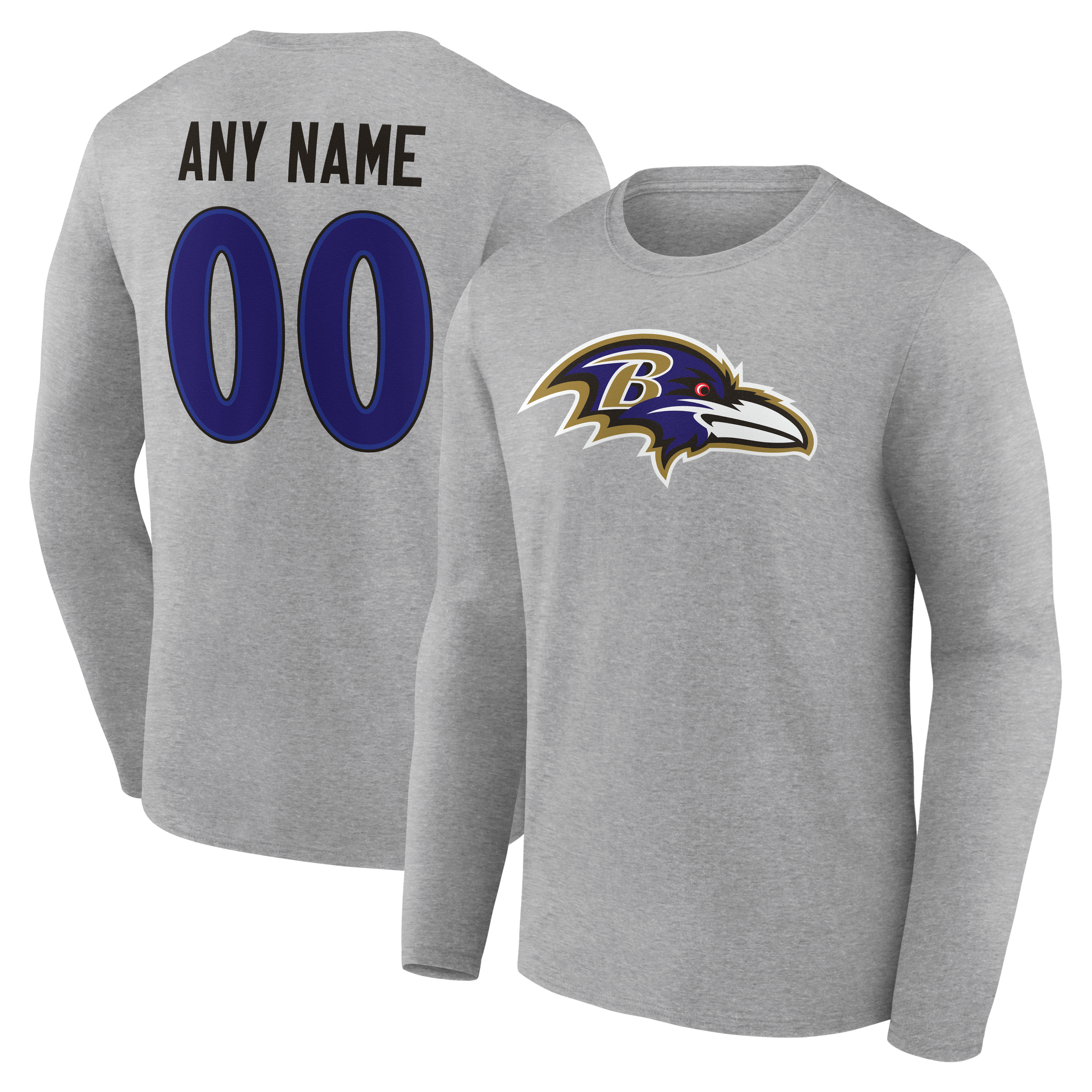 T-shirt à manches longues gris authentique pour homme des Ravens de Baltimore, personnalisé avec nom et numéro.