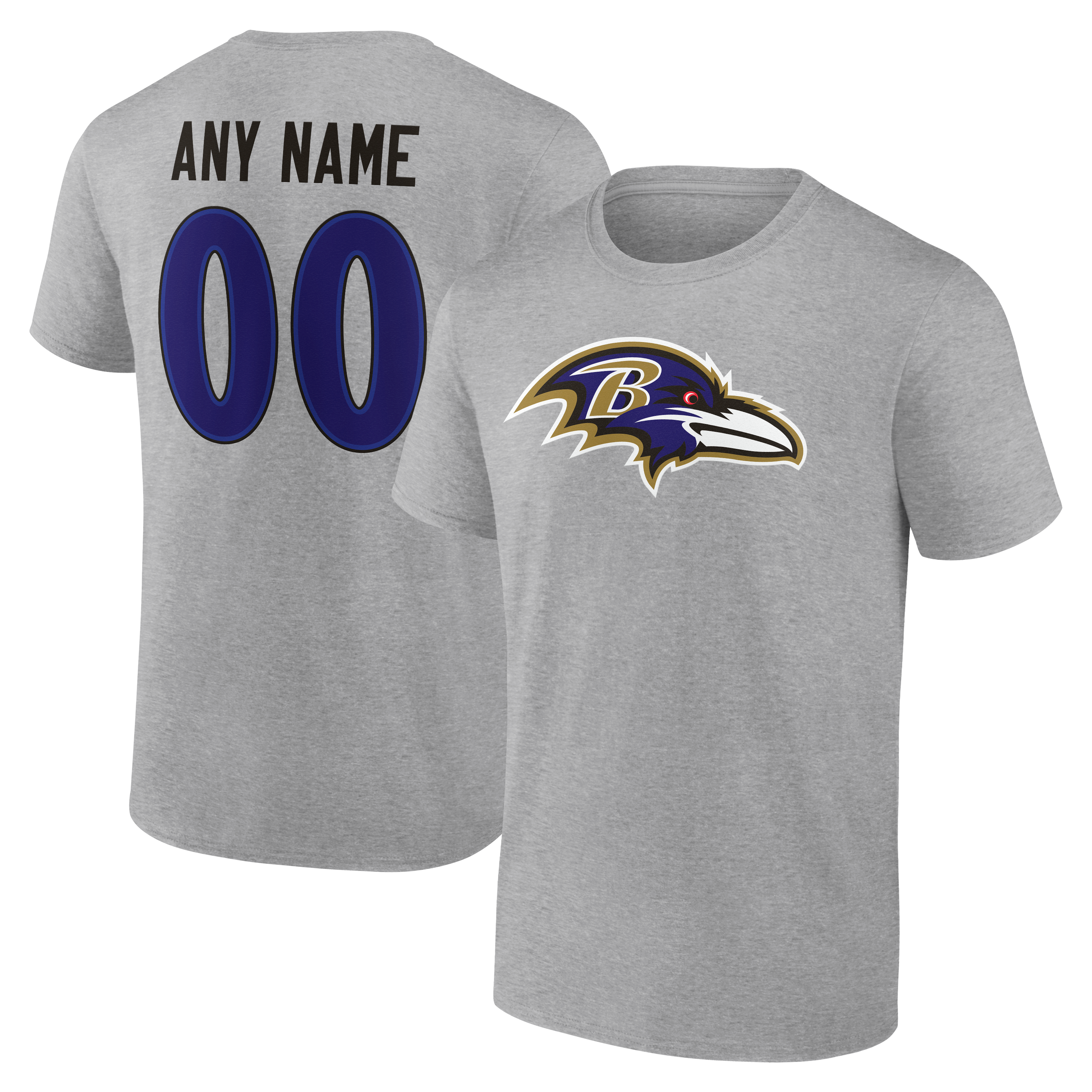 T-shirt gris authentique pour homme des Ravens de Baltimore, personnalisé avec nom et numéro.