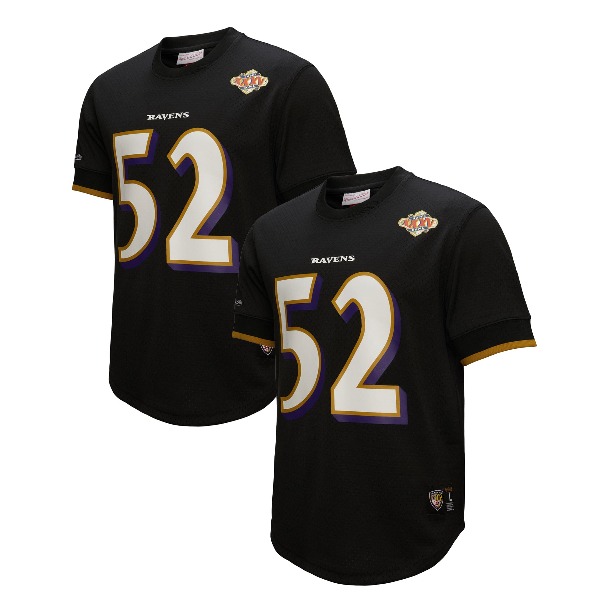 T-shirt en maille Mitchell & Ness pour homme, noir, à l'effigie de Ray Lewis, joueur retraité des Ravens Baltimore.