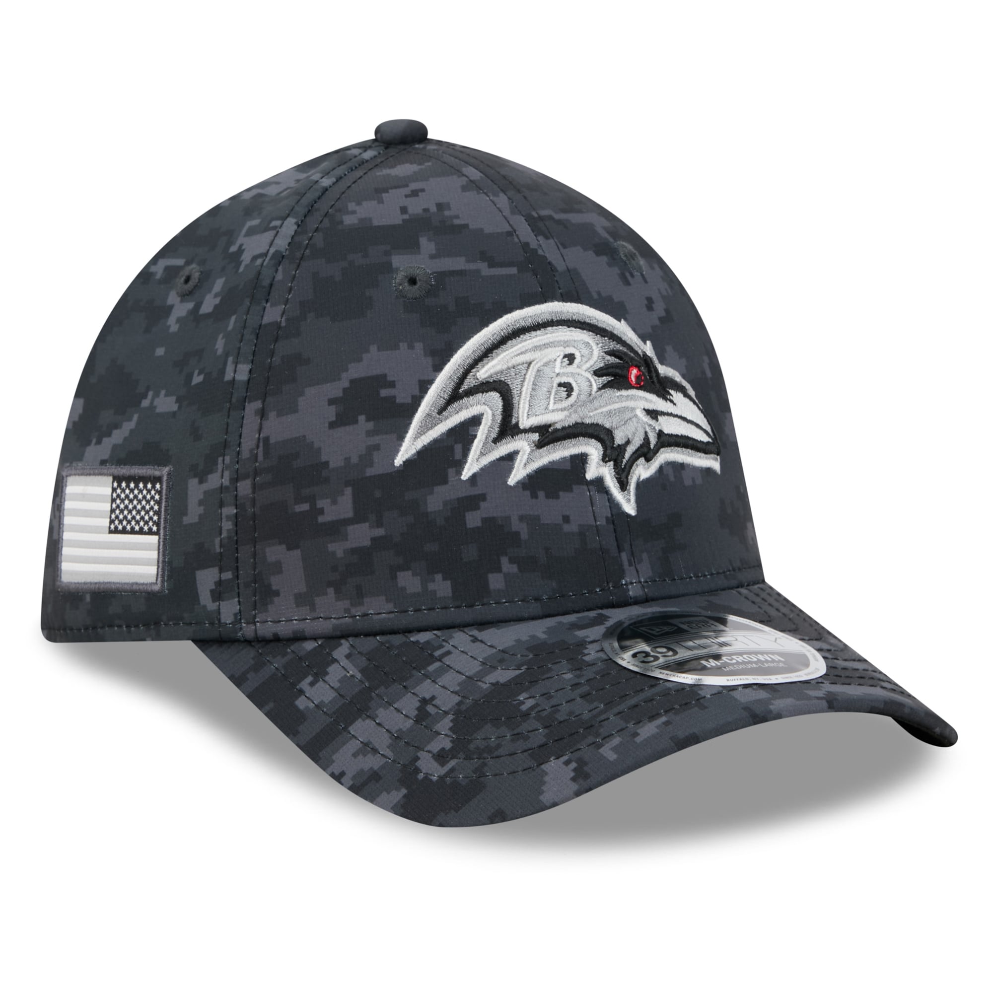 Casquette extensible New Era noire Baltimore Ravens 2026 Salute To Service 39THIRTY M-Crown pour homme