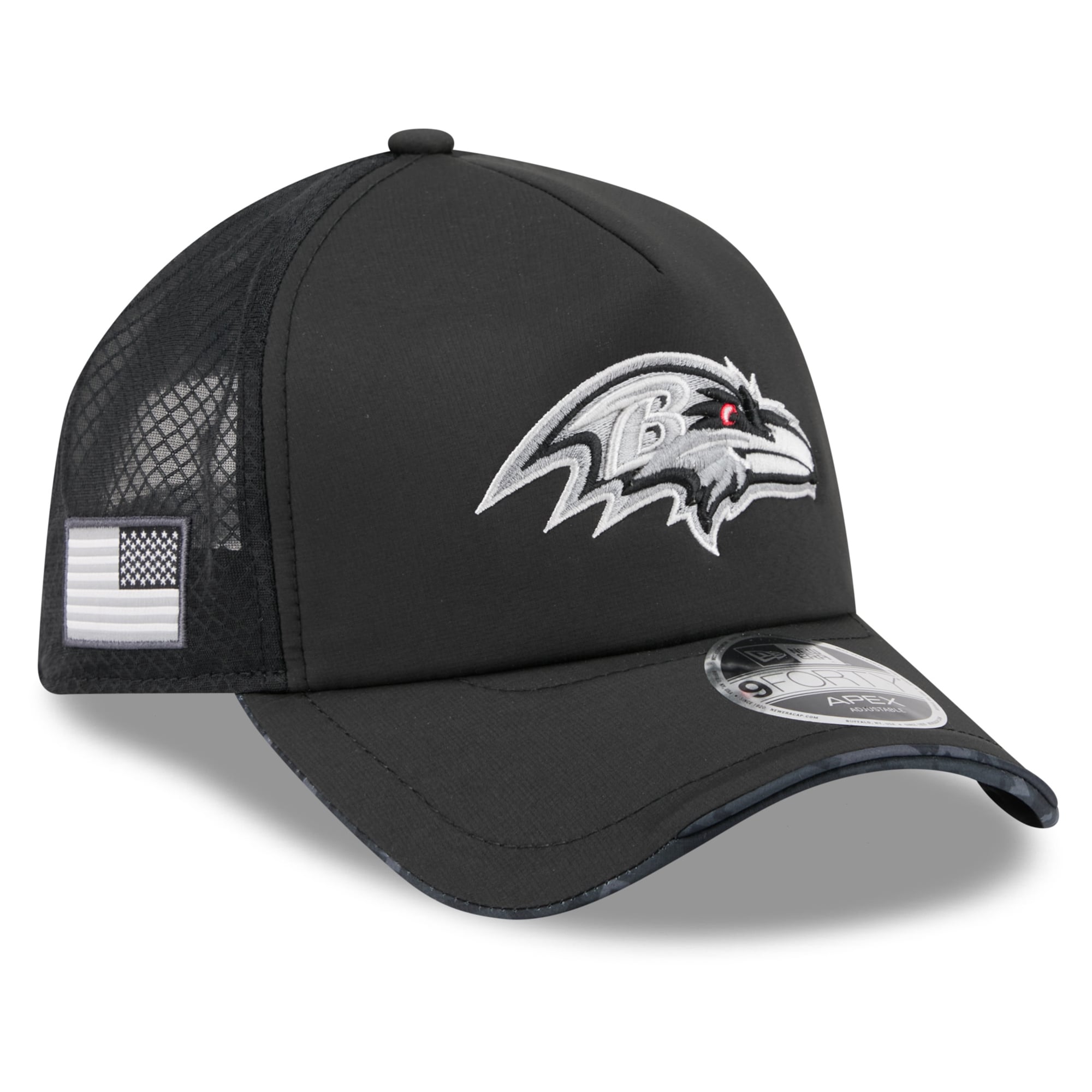 Casquette trucker ajustable New Era Apex 9FORTY noire Baltimore Ravens 2026 Salute To Service pour homme