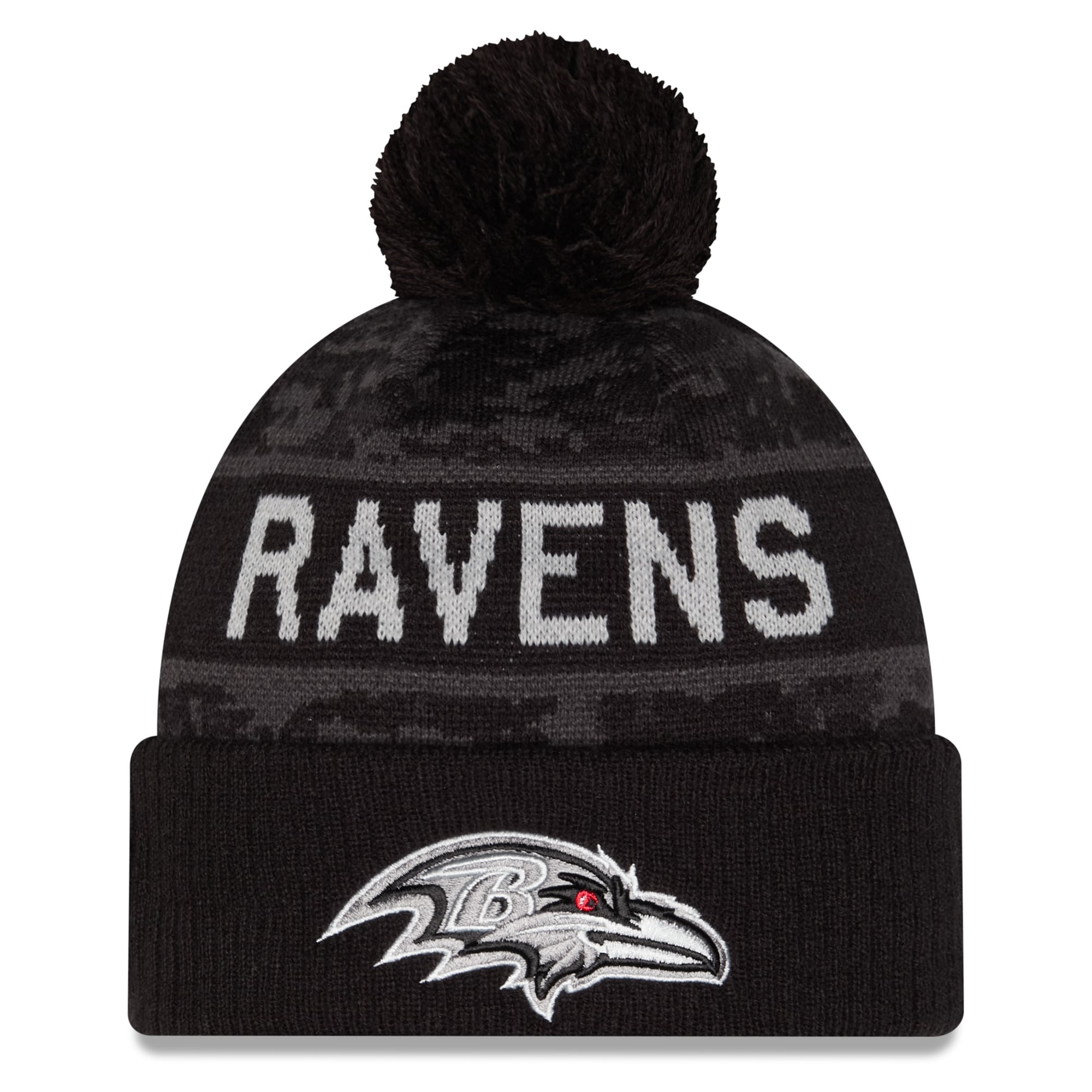 Bonnet à revers New Era noir Baltimore Ravens 2026 Salute To Service pour homme, avec pompon