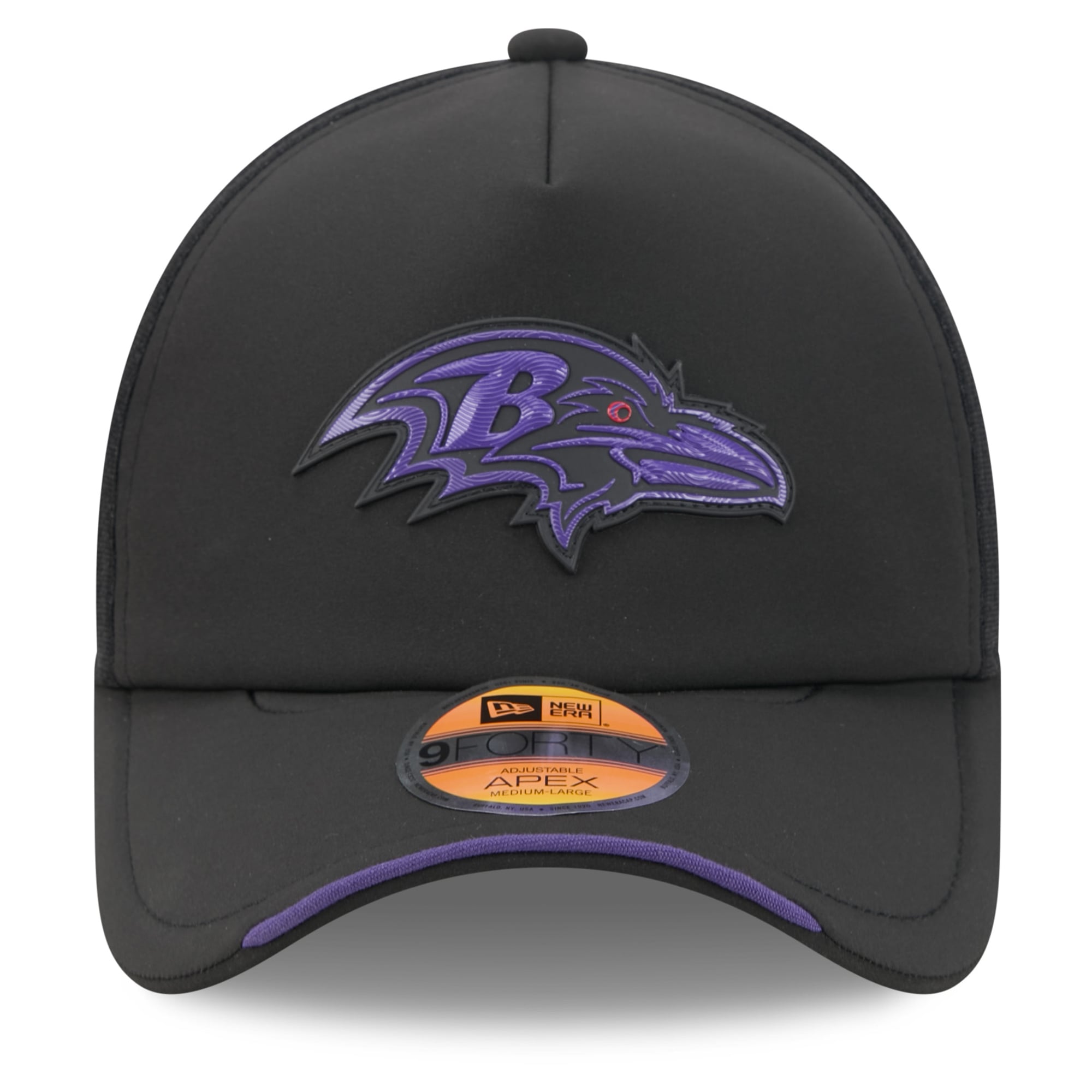 Men's New Era Black Baltimore Ravens 2026 Sideline Apex 9FORTY Adjustable Trucker Hat