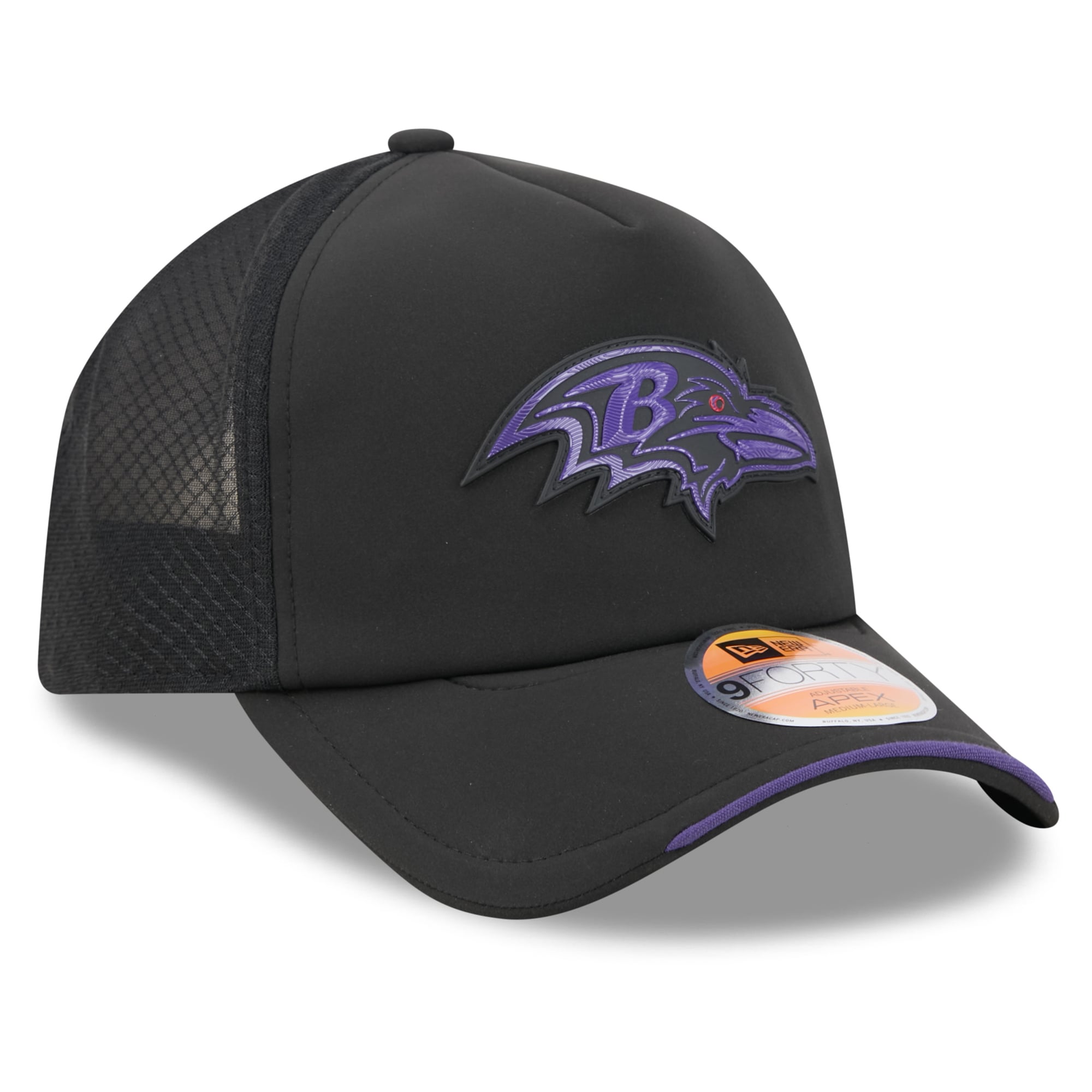 Men's New Era Black Baltimore Ravens 2026 Sideline Apex 9FORTY Adjustable Trucker Hat