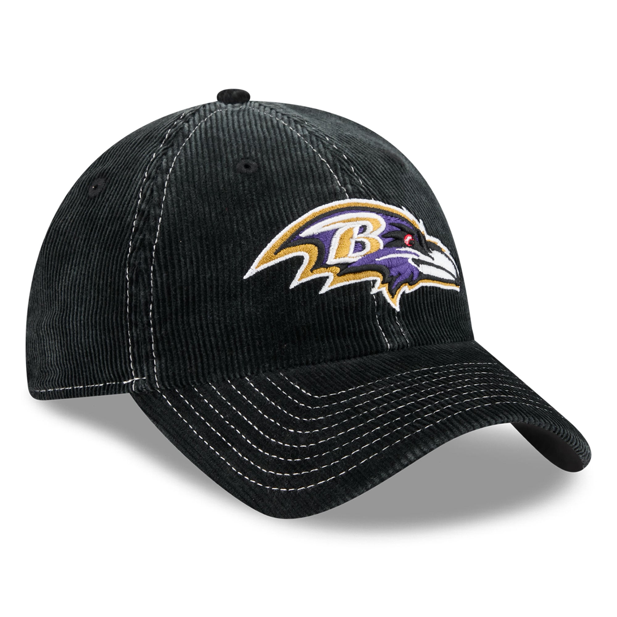 Casquette New Era noire pour homme, modèle Baltimore Ravens, en velours côtelé, style classique décontracté et ajustable