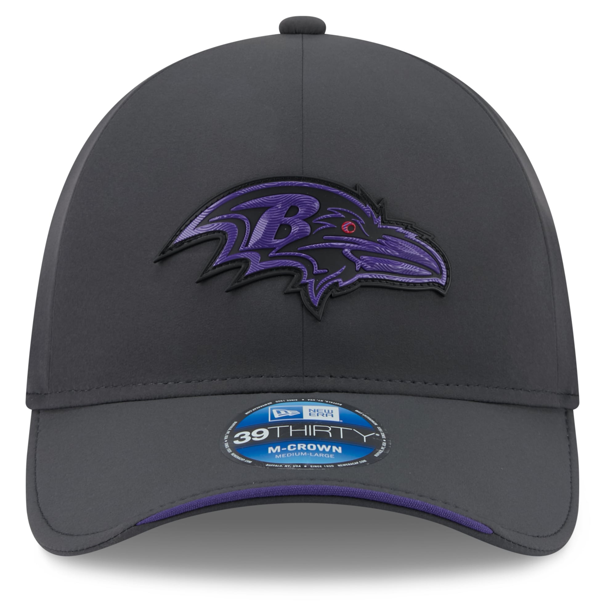 Casquette extensible New Era 39THIRTY M-Crown pour homme, couleur anthracite, Baltimore Ravens 2026, idéale les temps froids.