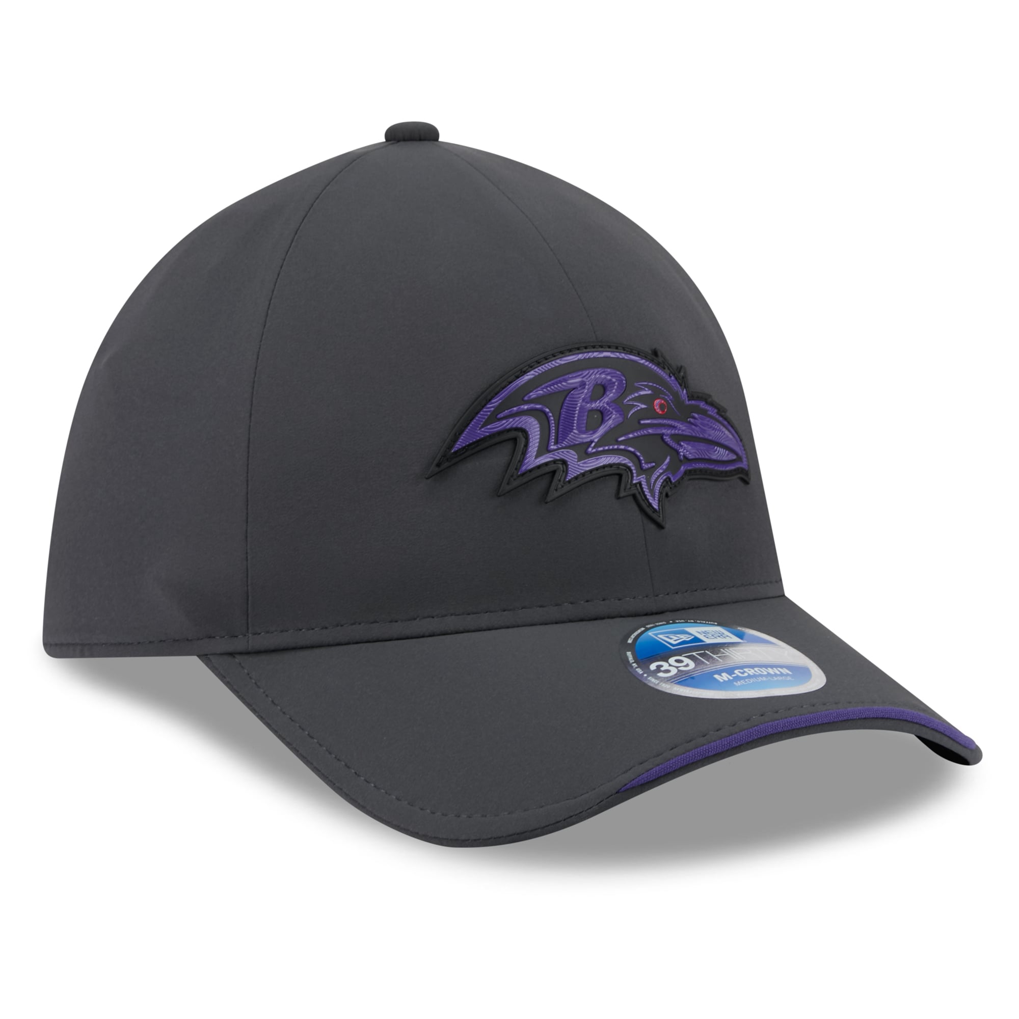 Casquette extensible New Era 39THIRTY M-Crown pour homme, couleur anthracite, Baltimore Ravens 2026, idéale les temps froids.