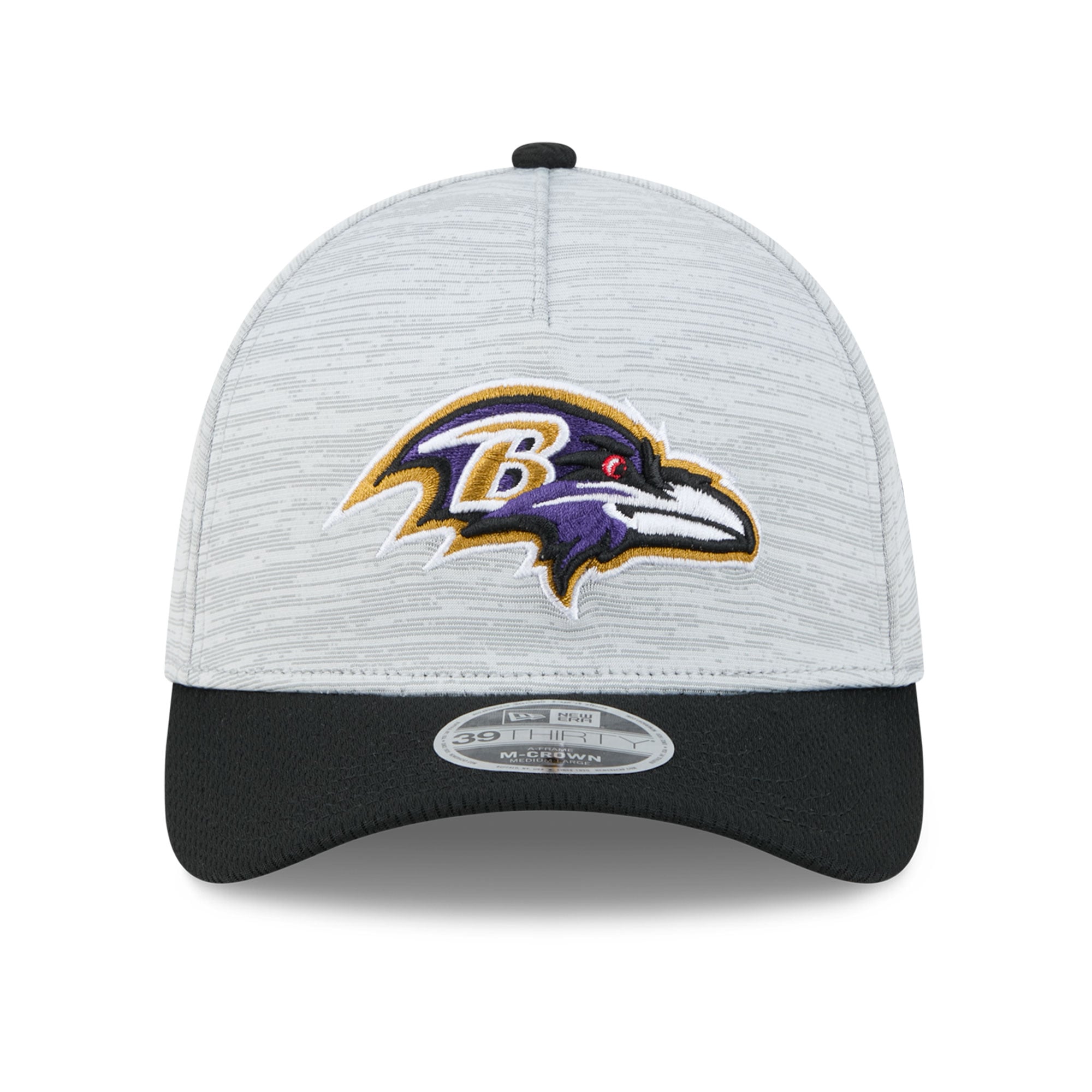 Casquette New Era Flex grise et noire Baltimore Ravens Tech M-Crown A-Frame 39THIRTY pour homme