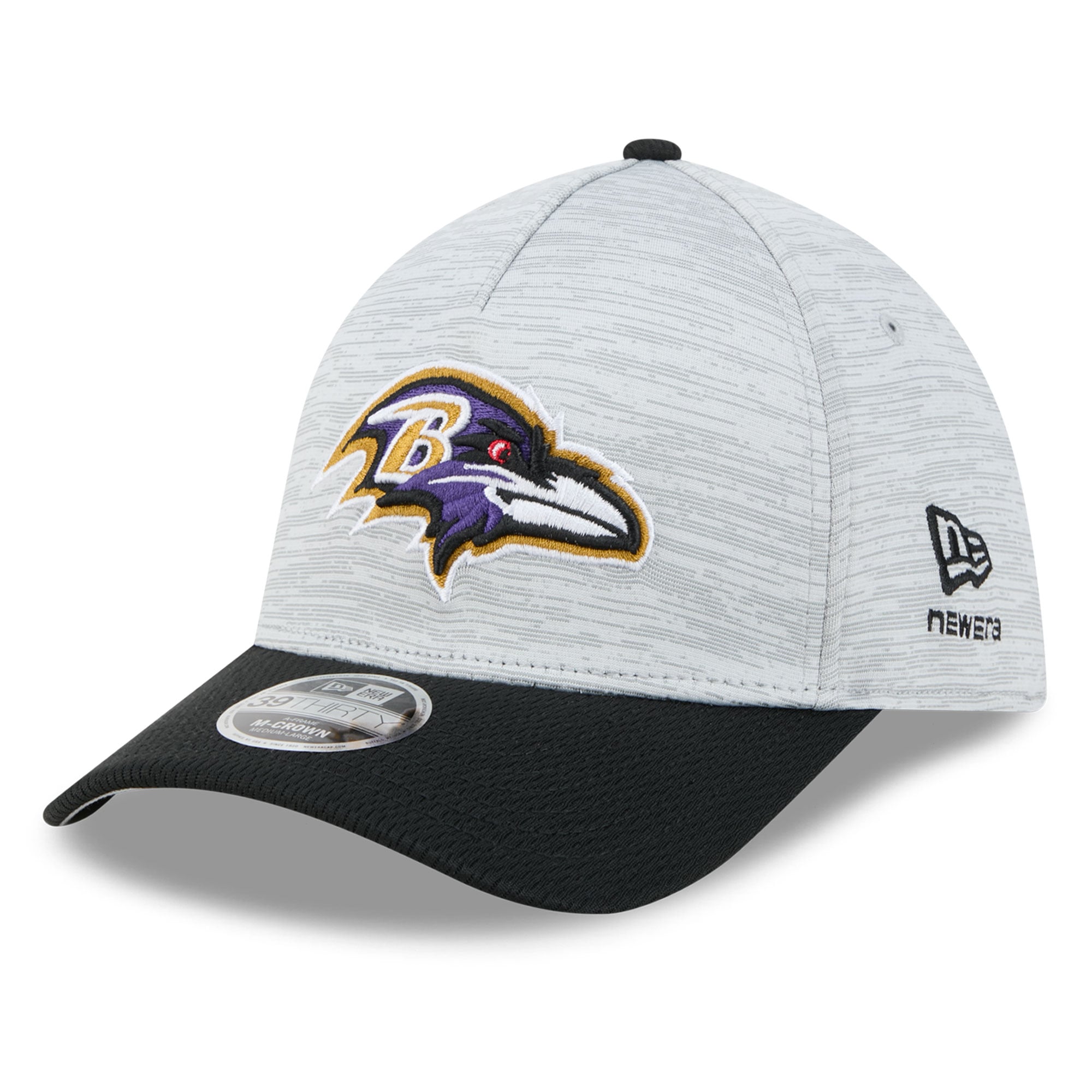Casquette New Era Flex grise et noire Baltimore Ravens Tech M-Crown A-Frame 39THIRTY pour homme