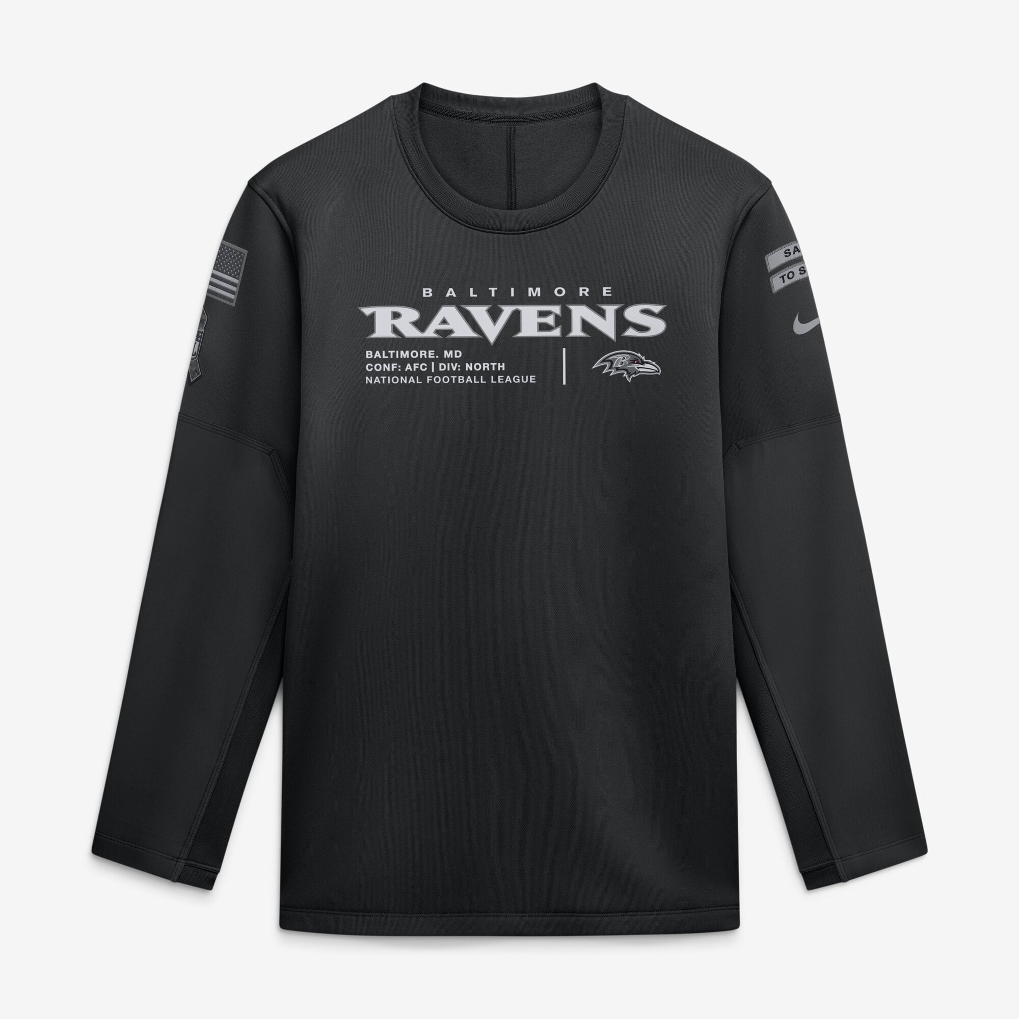 Sweat-shirt Nike noir pour homme Baltimore Ravens 2026 Salute to Service Sideline Coaches à col rond et coupe Therma-FIT