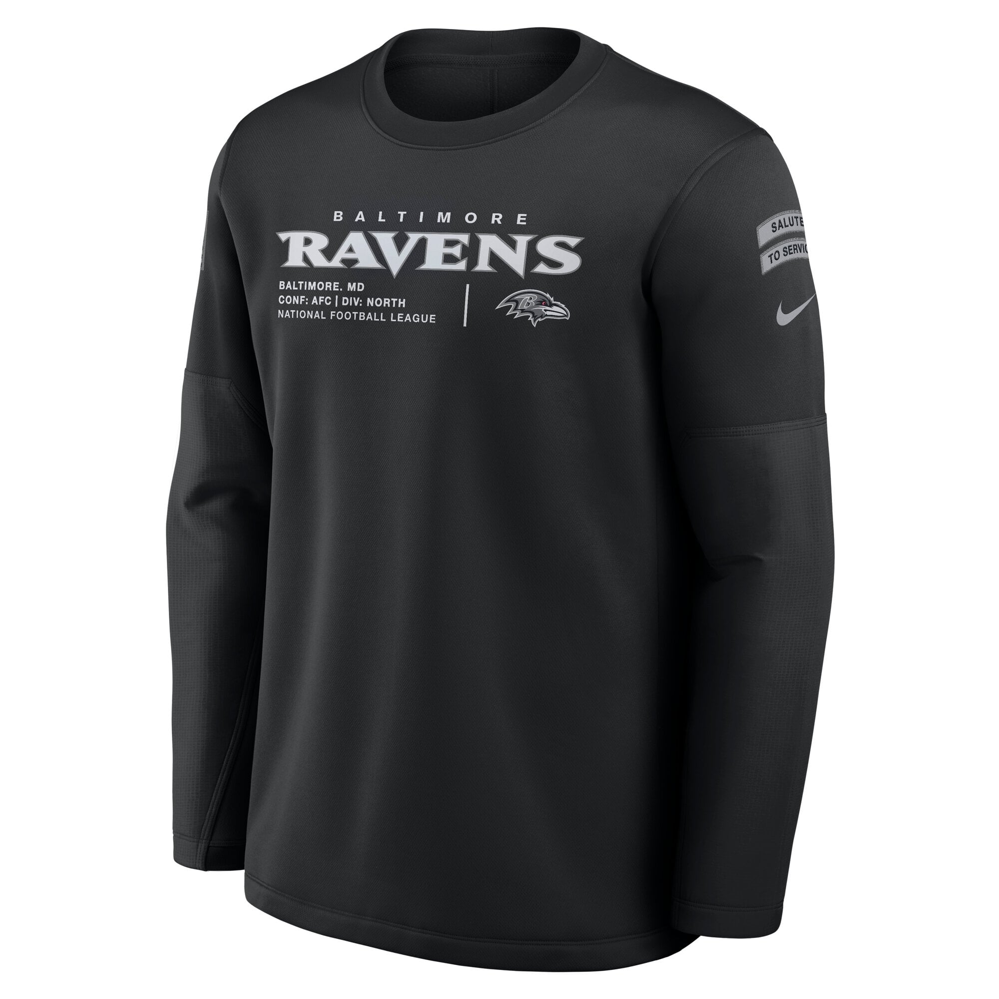 Sweat-shirt Nike noir pour homme Baltimore Ravens 2026 Salute to Service Sideline Coaches à col rond et coupe Therma-FIT