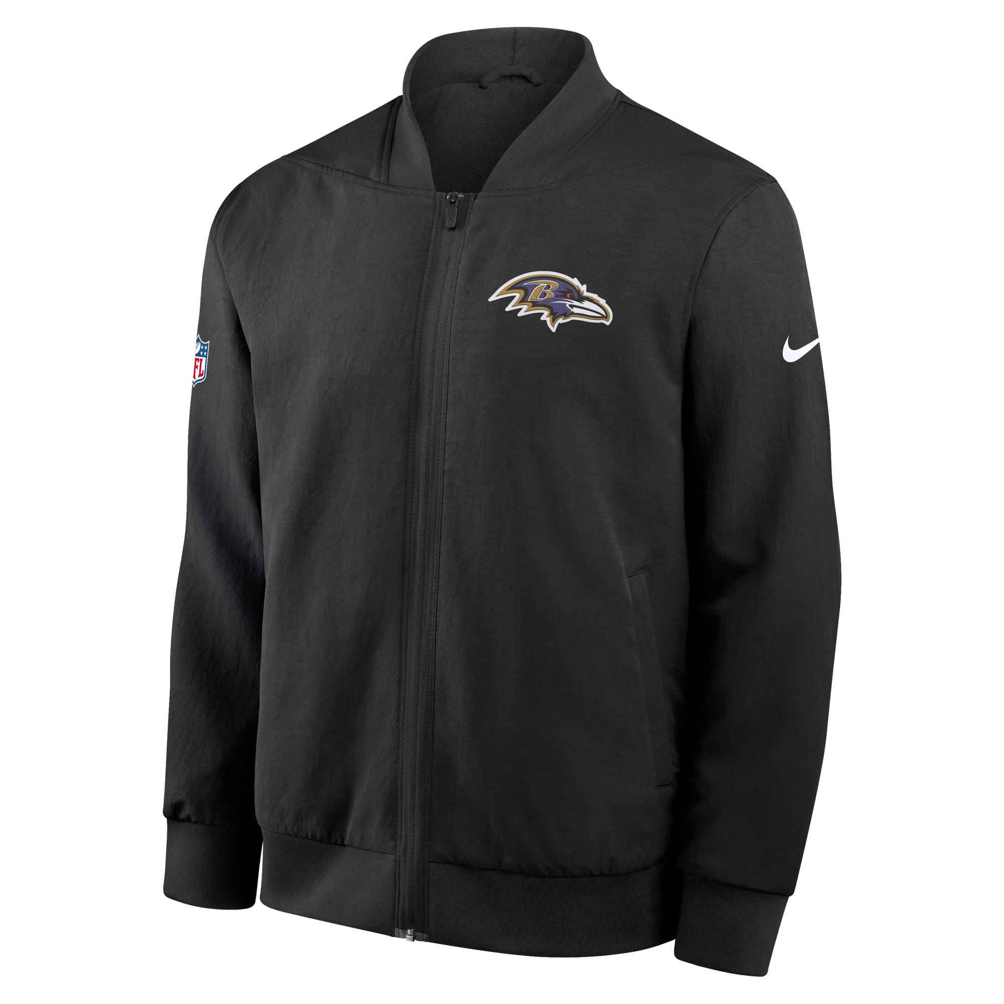 Veste bomber zippée intégrale Nike Dri-FIT pour homme, modèle Baltimore Ravens Sideline, noire, avec technologie de blocage puissante.