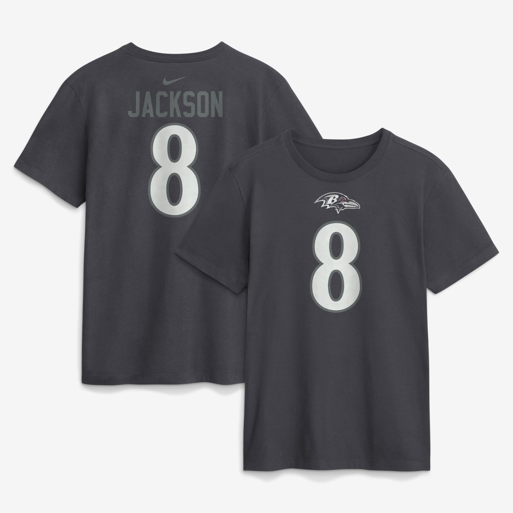 T-shirt Nike Lamar Jackson anthracite Baltimore Ravens pour homme, avec nom et numéro