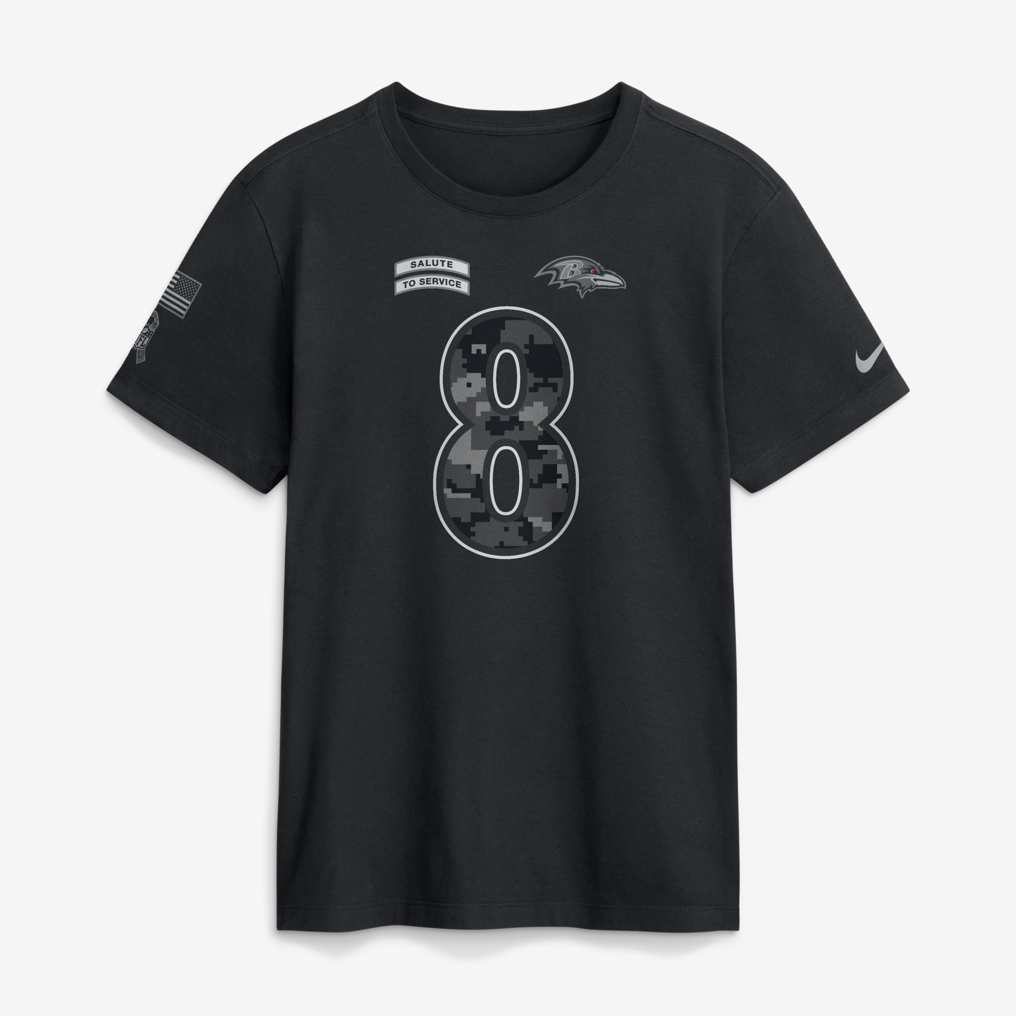 T-shirt Nike Lamar Jackson noir Baltimore Ravens 2026 Salute to Service pour homme, avec nom et numéro